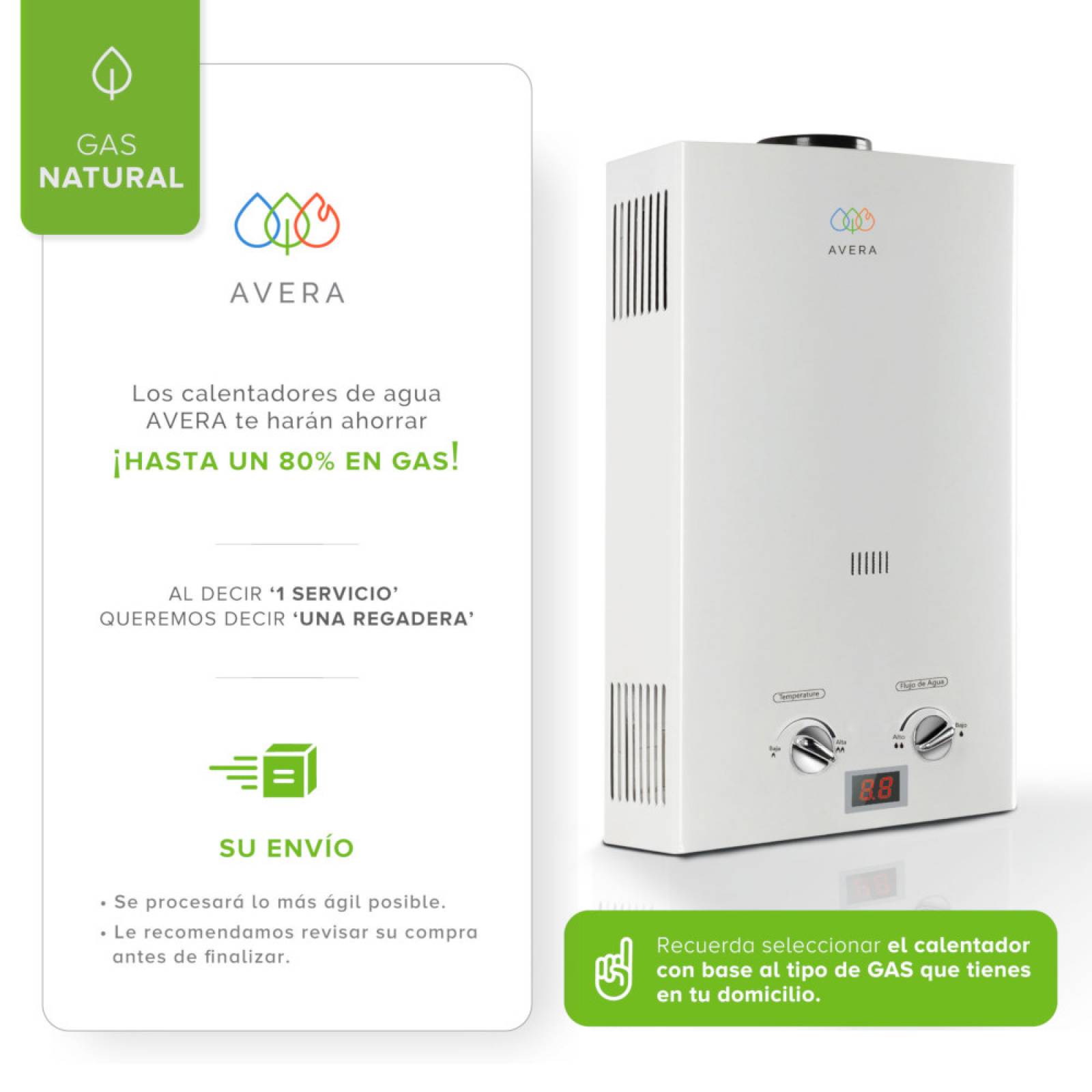 AVERA Calentador Boiler de Agua Instantáneo para Gas Natural 2 y medio servicios C12LNAT
