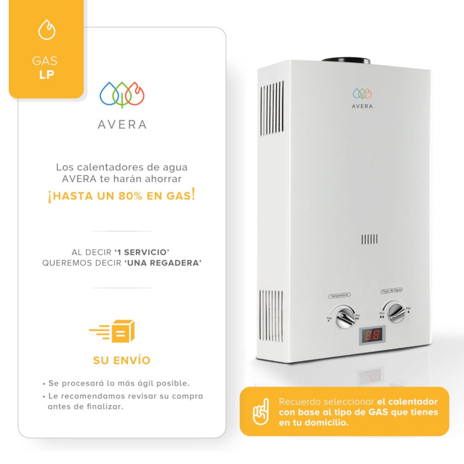Calentador Boiler de Agua Instantáneo para Gas LP 2 y medio servicios Avera C12L