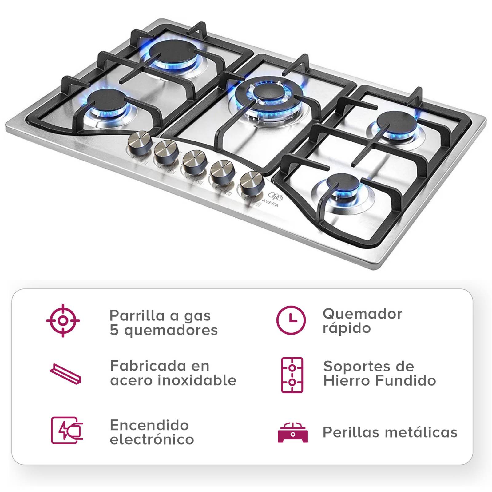 Parrilla de Gas Acero Inoxidable con 5 Quemadores Avera AI5