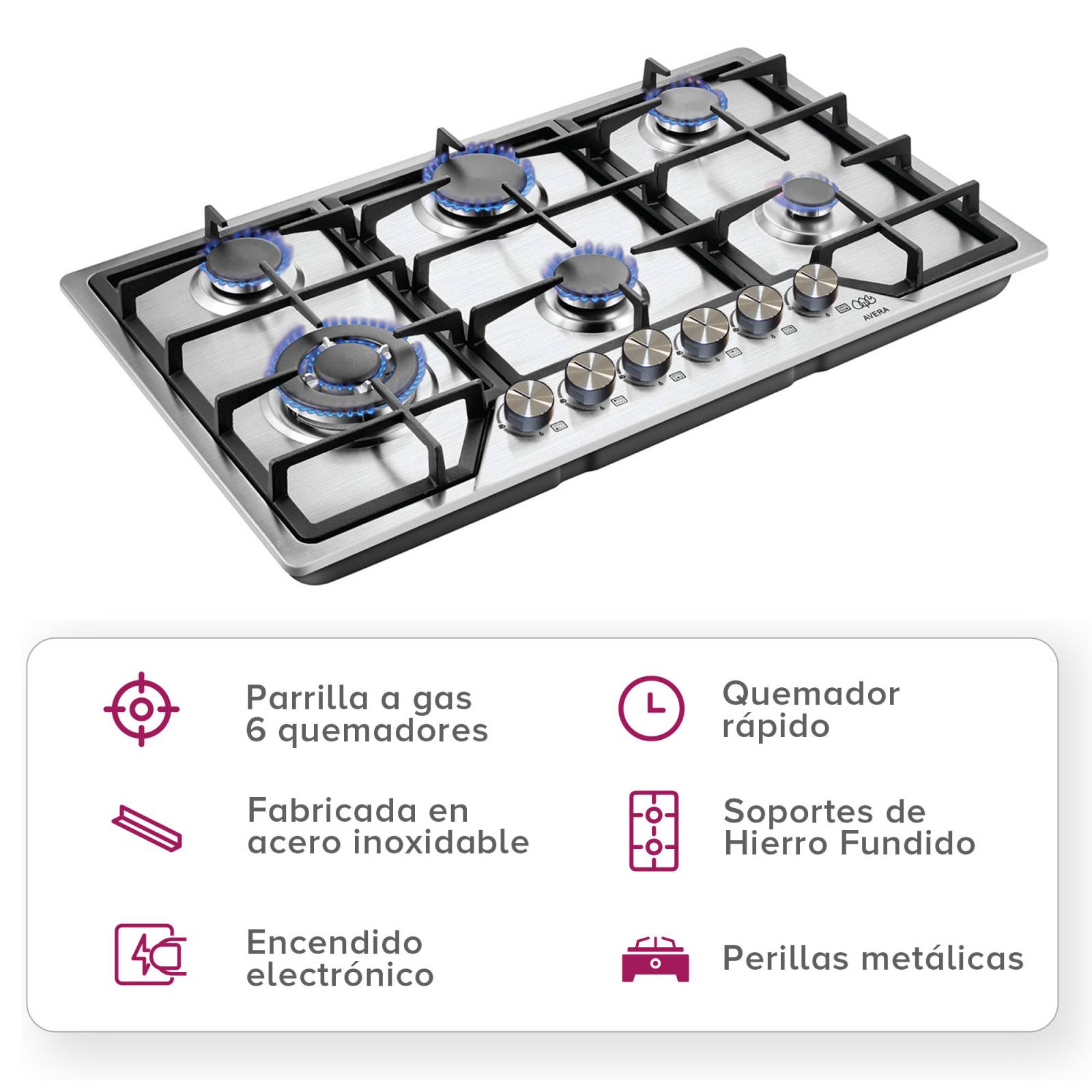 AVERA Parrilla de Gas Acero Inoxidable con 6 Quemadores AI6
