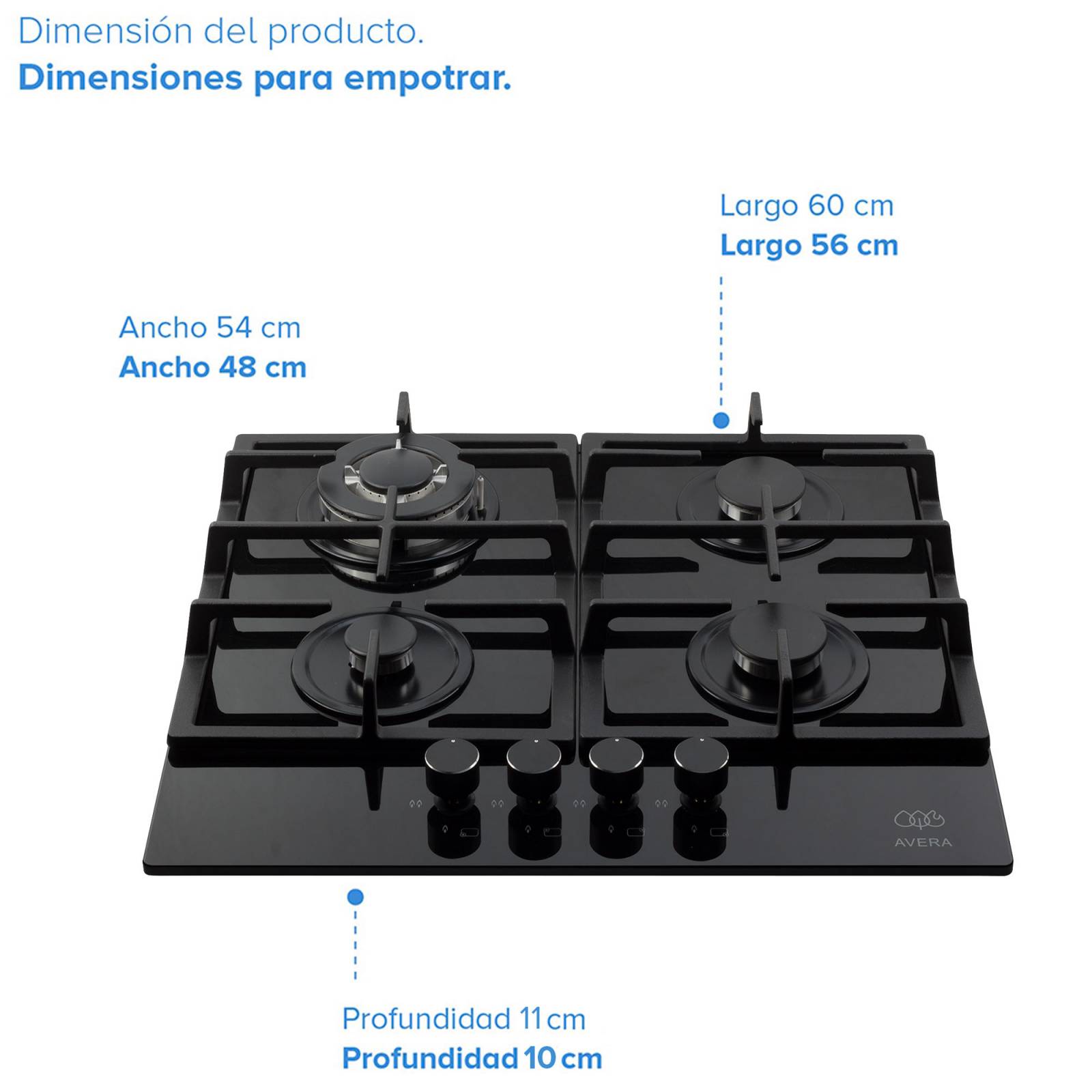 AVERA Parrilla de Gas para Empotrar Vidrio Templado con 4 Quemadores HEV4
