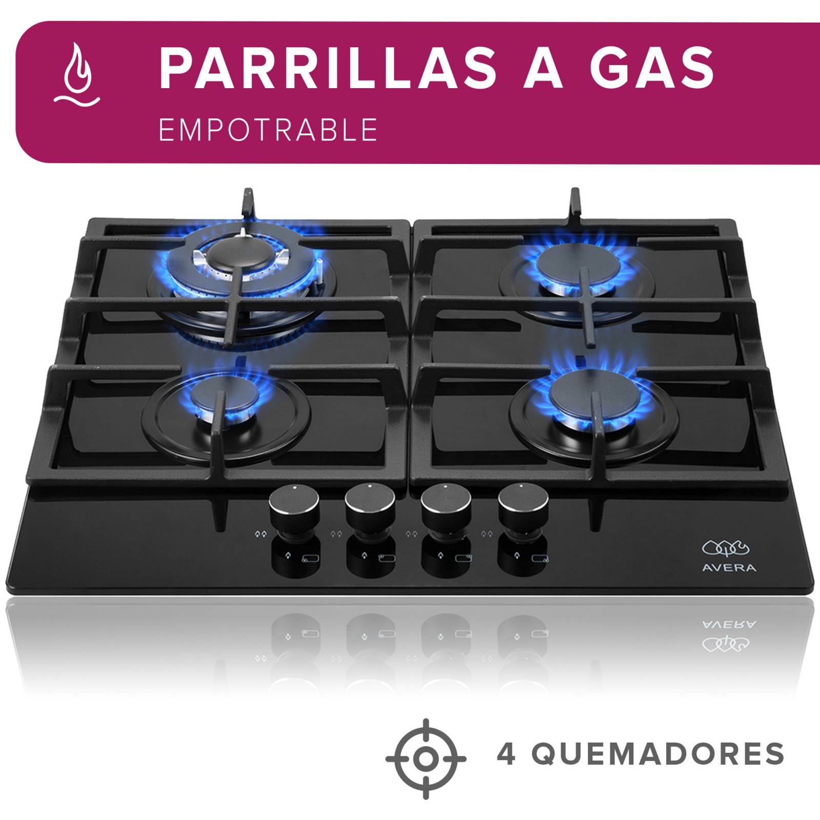 AVERA Parrilla de Gas para Empotrar Vidrio Templado con 4 Quemadores HEV4