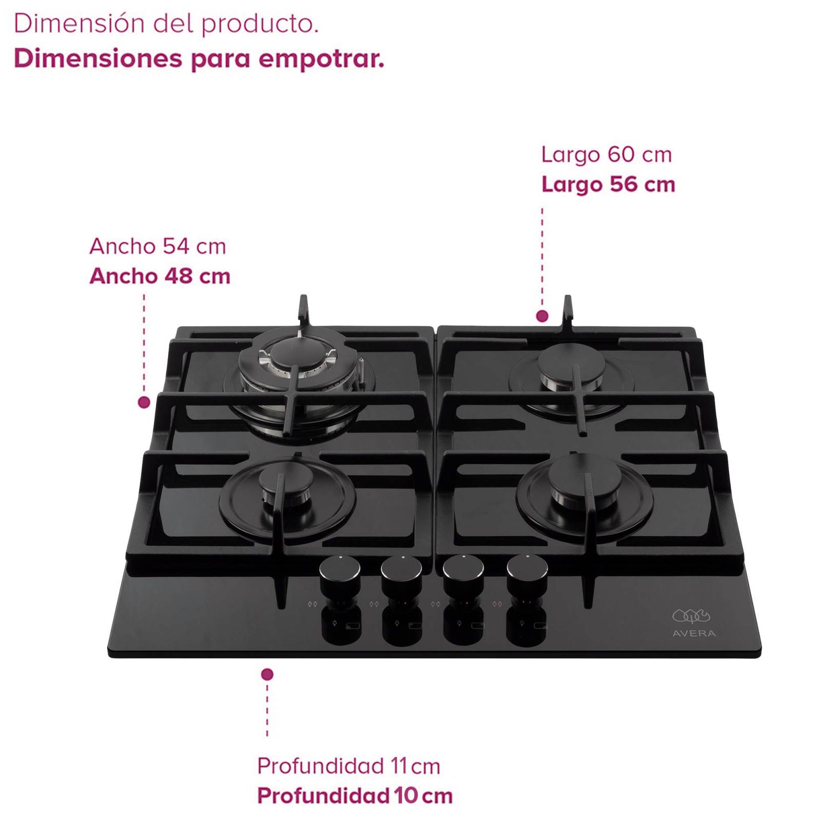 AVERA Parrilla de Gas para Empotrar Vidrio Templado con 4 Quemadores HEV4