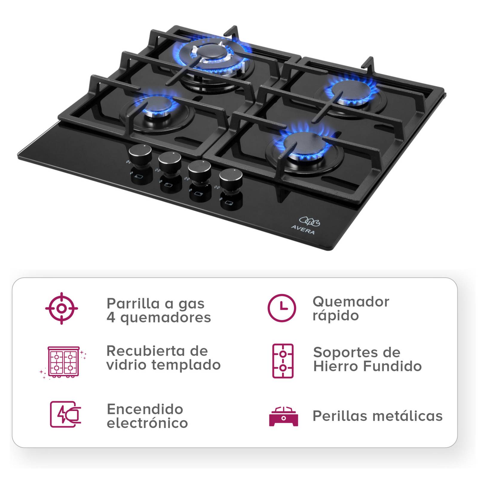 AVERA Parrilla de Gas para Empotrar Vidrio Templado con 4 Quemadores HEV4
