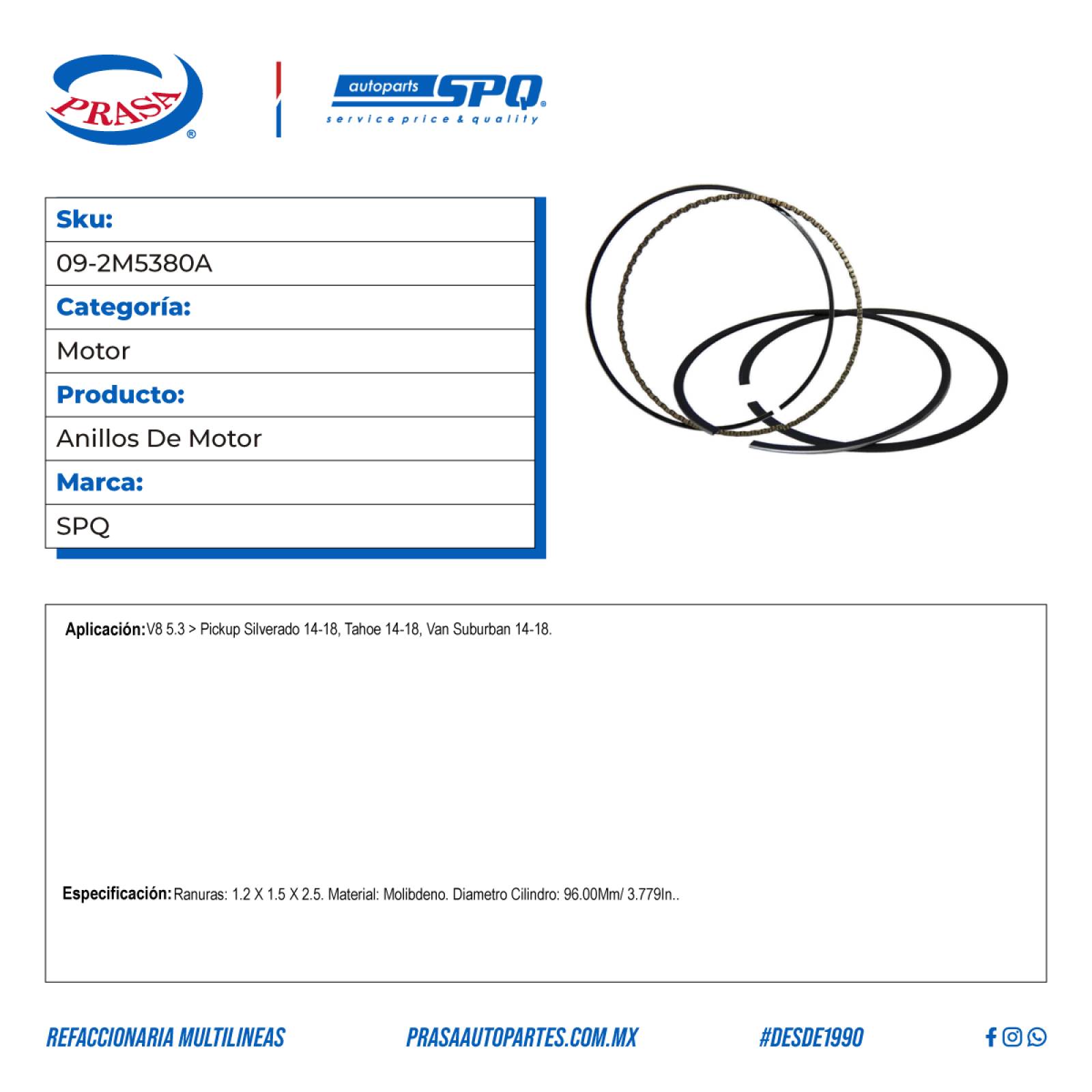 Anillos De Motor, Para Silverado 1500 V8 (5.3) del 2014-2018, Marca SPQ