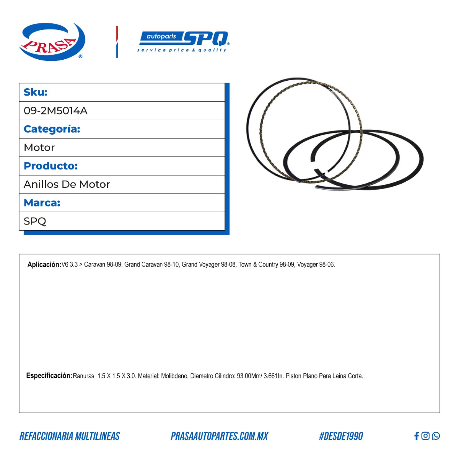 Anillos De Motor, Para Grand Voyager V6 (3.3) del 1998-2008, Marca SPQ