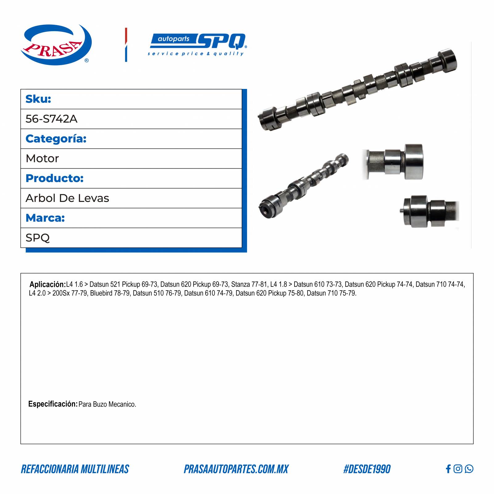 Arbol De Levas, SPQ; Para Nissan 200Sx 1977-1979 L4; 2