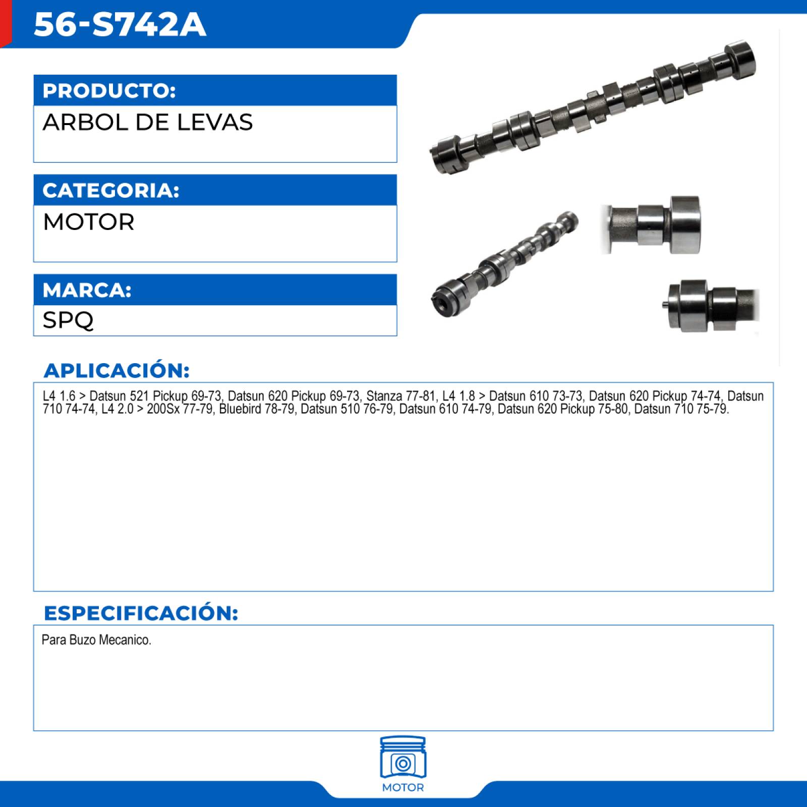 Arbol De Levas, SPQ; Para Nissan 200Sx 1977-1979 L4; 2