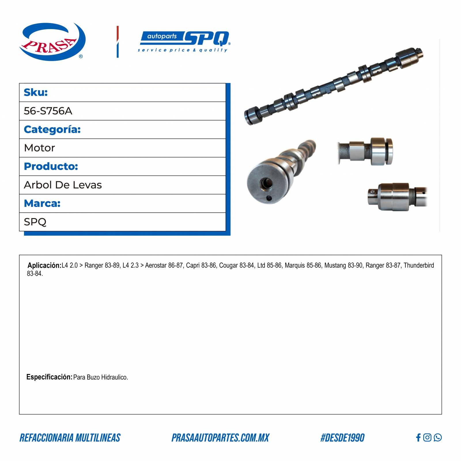 Arbol De Levas, SPQ; Para Ford Aerostar 1986-1987 L4; 2.3