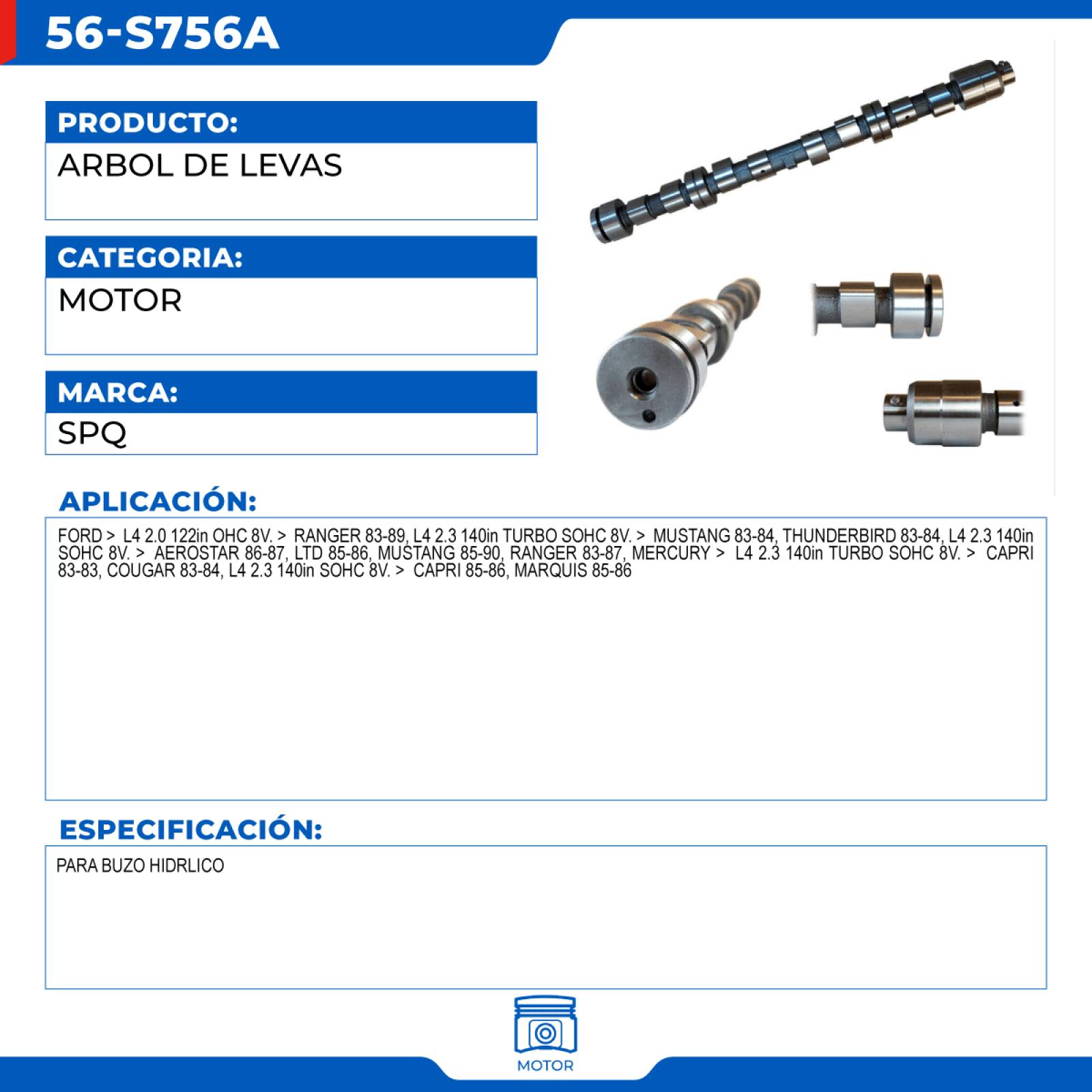 Arbol De Levas, SPQ; Para Ford Aerostar 1986-1987 L4; 2.3