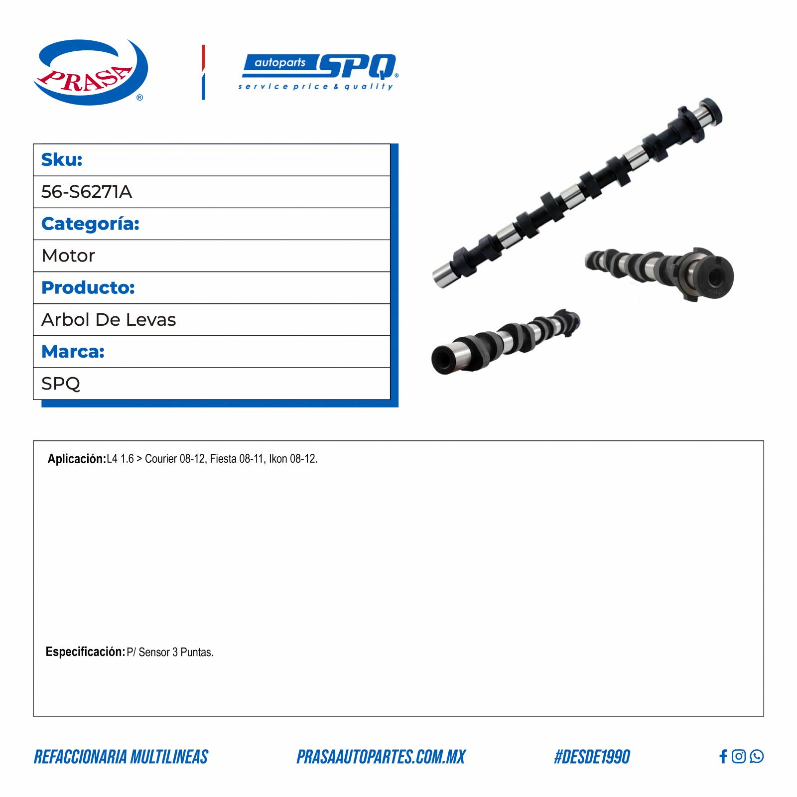 Arbol De Levas, SPQ; Para Ford Courier 2008-2012 L4; 1.6