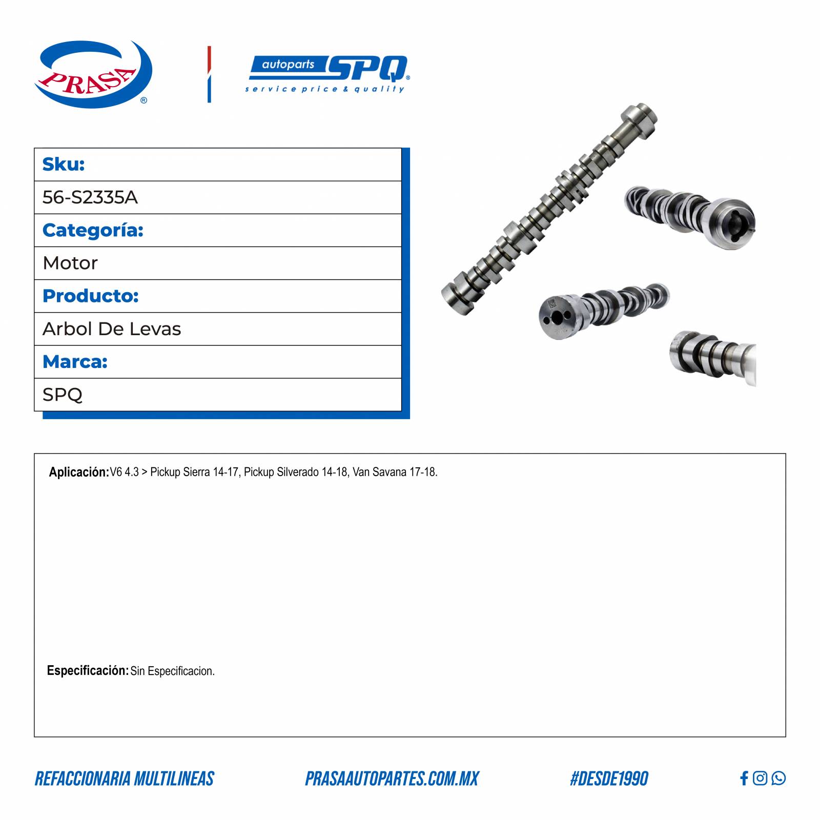 Arbol De Levas, SPQ; Para Chevrolet Silverado 1500 2014-2018 V6; 4.3