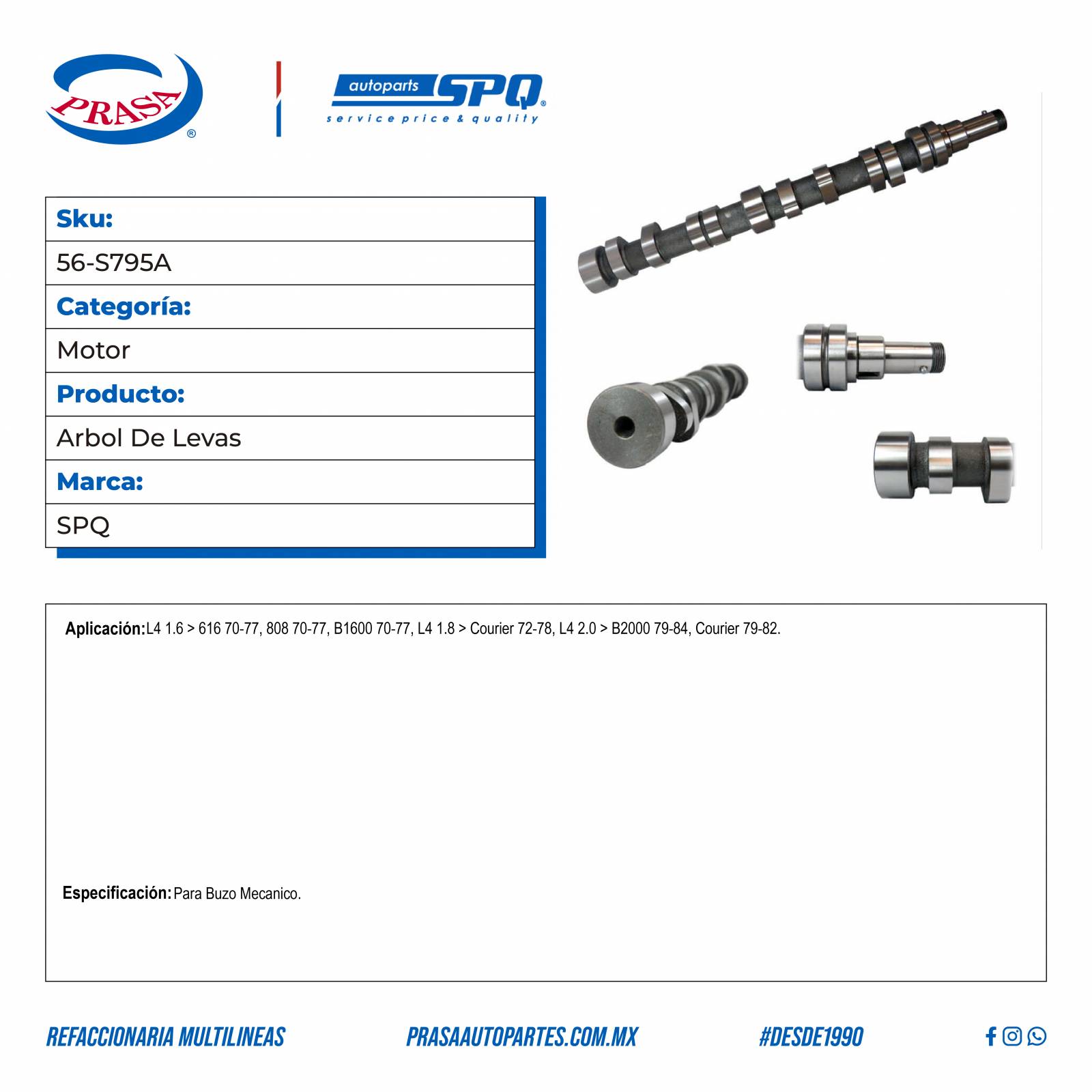 Arbol De Levas, SPQ; Para Ford Courier 1972-1978 L4; 1.8