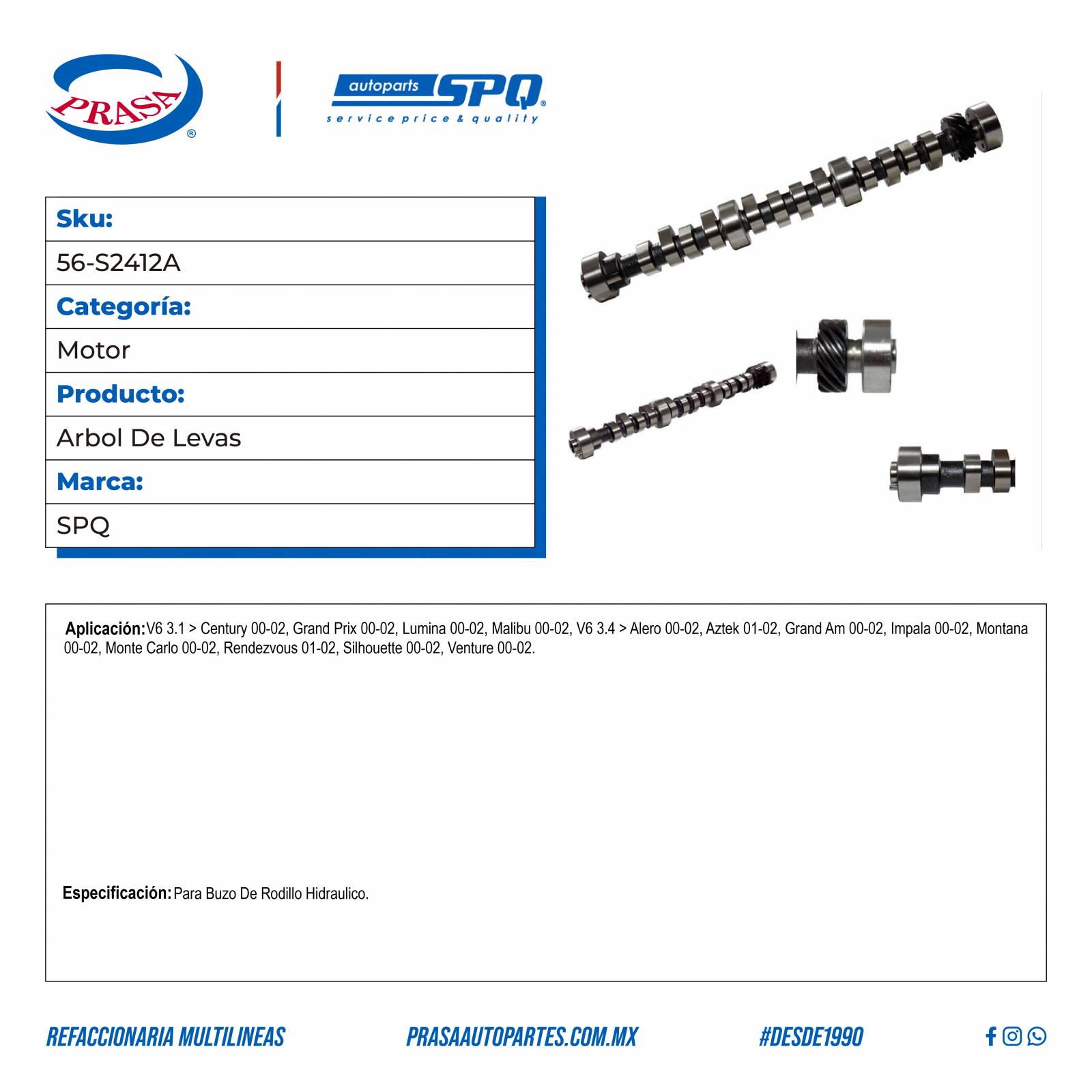 Arbol De Levas, SPQ; Para Buick Century 2000-2002 V6; 3.1