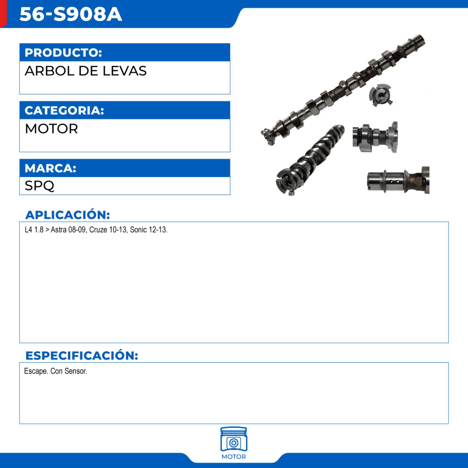 Arbol De Levas, SPQ; Para Chevrolet Cruze 2010-2013 L4; 1.8