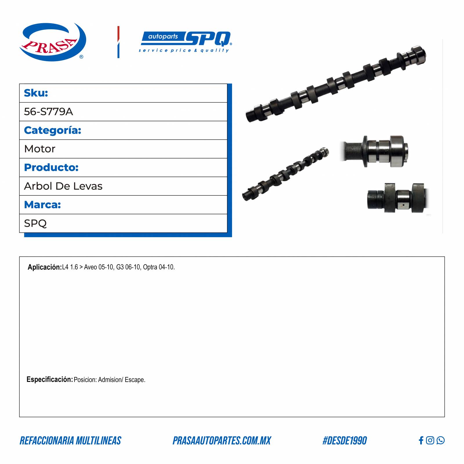 Arbol De Levas, SPQ; Para Chevrolet Aveo 2005-2010 L4; 1.6