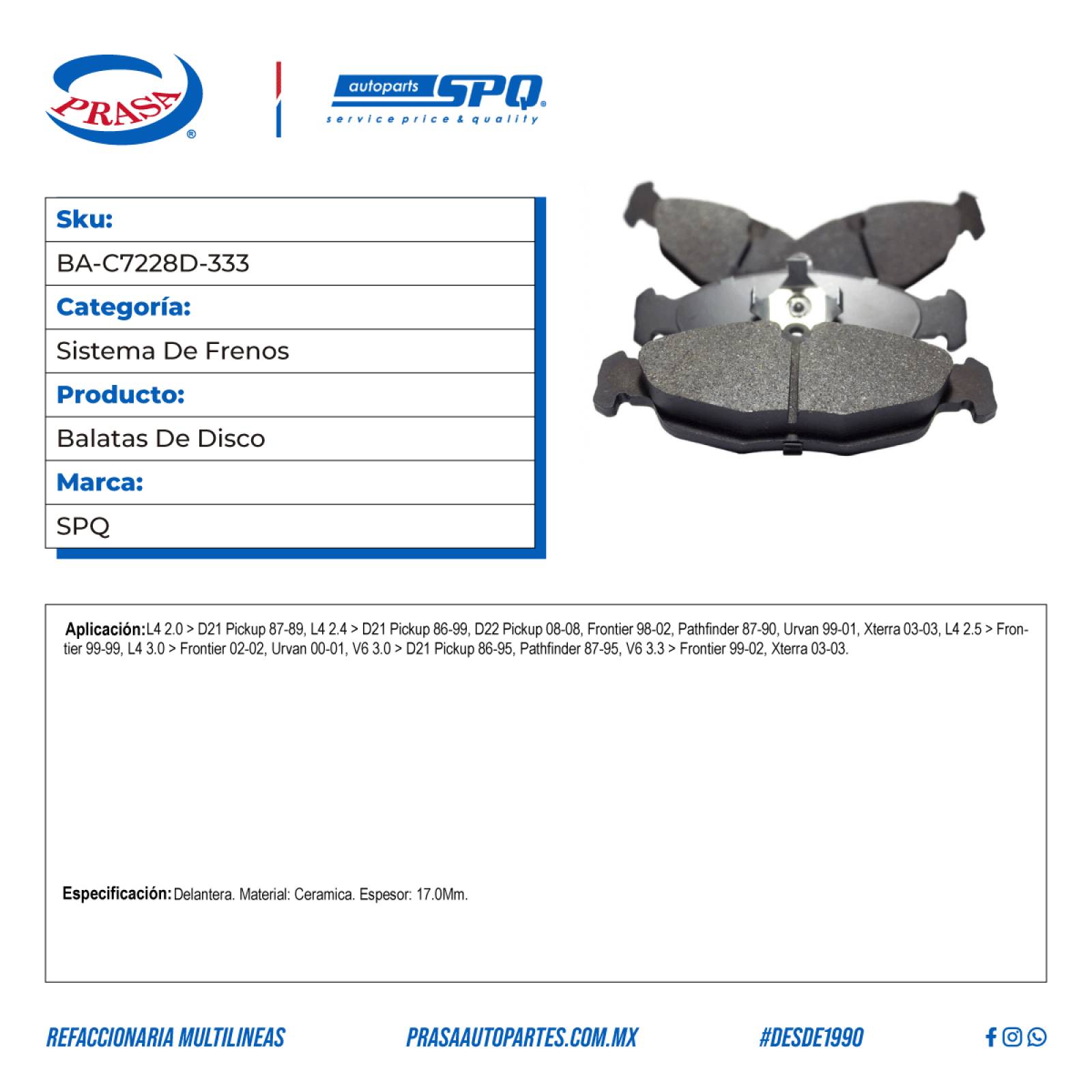 Balatas De Disco, SPQ; Para Nissan D21 Pickup 1987-1989 L4; 2