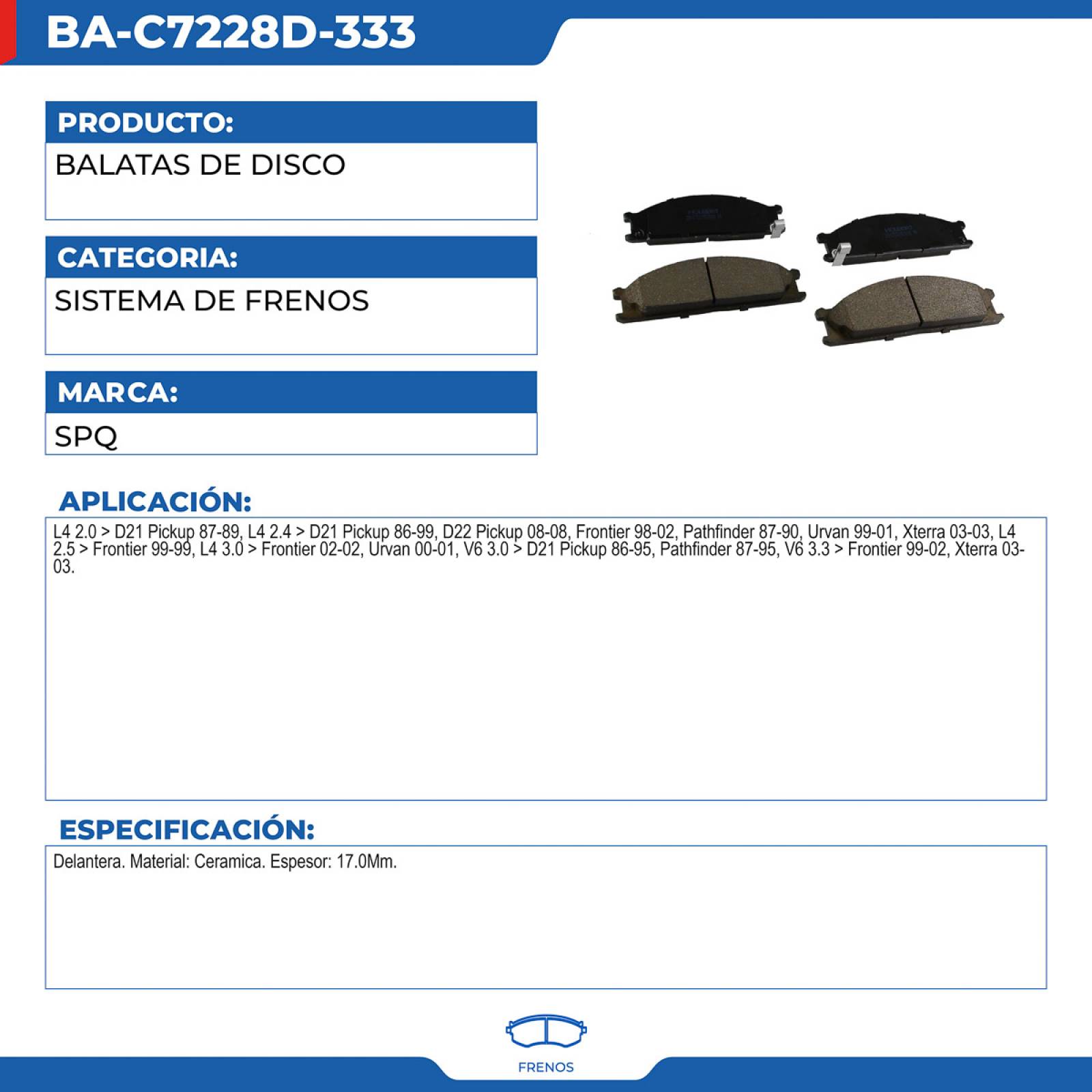 Balatas De Disco, SPQ; Para Nissan D21 Pickup 1987-1989 L4; 2
