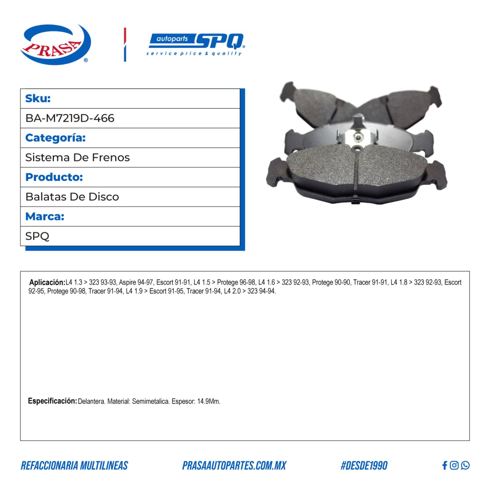 Balatas De Disco, SPQ; Para Ford Aspire 1994-1997 L4; 1.3