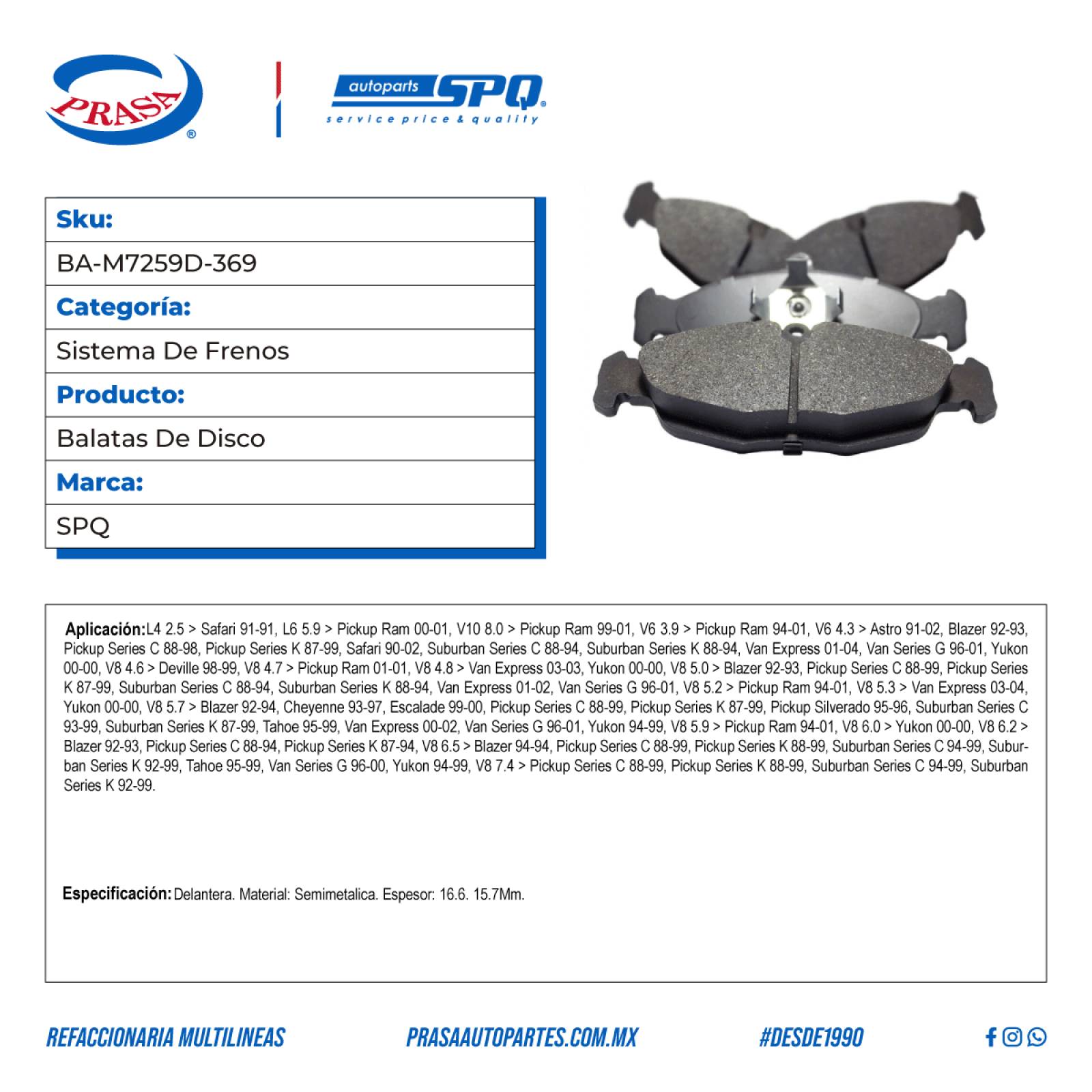 Balatas De Disco, SPQ; Para Cadillac Deville 1998-1999 V8; 4.6