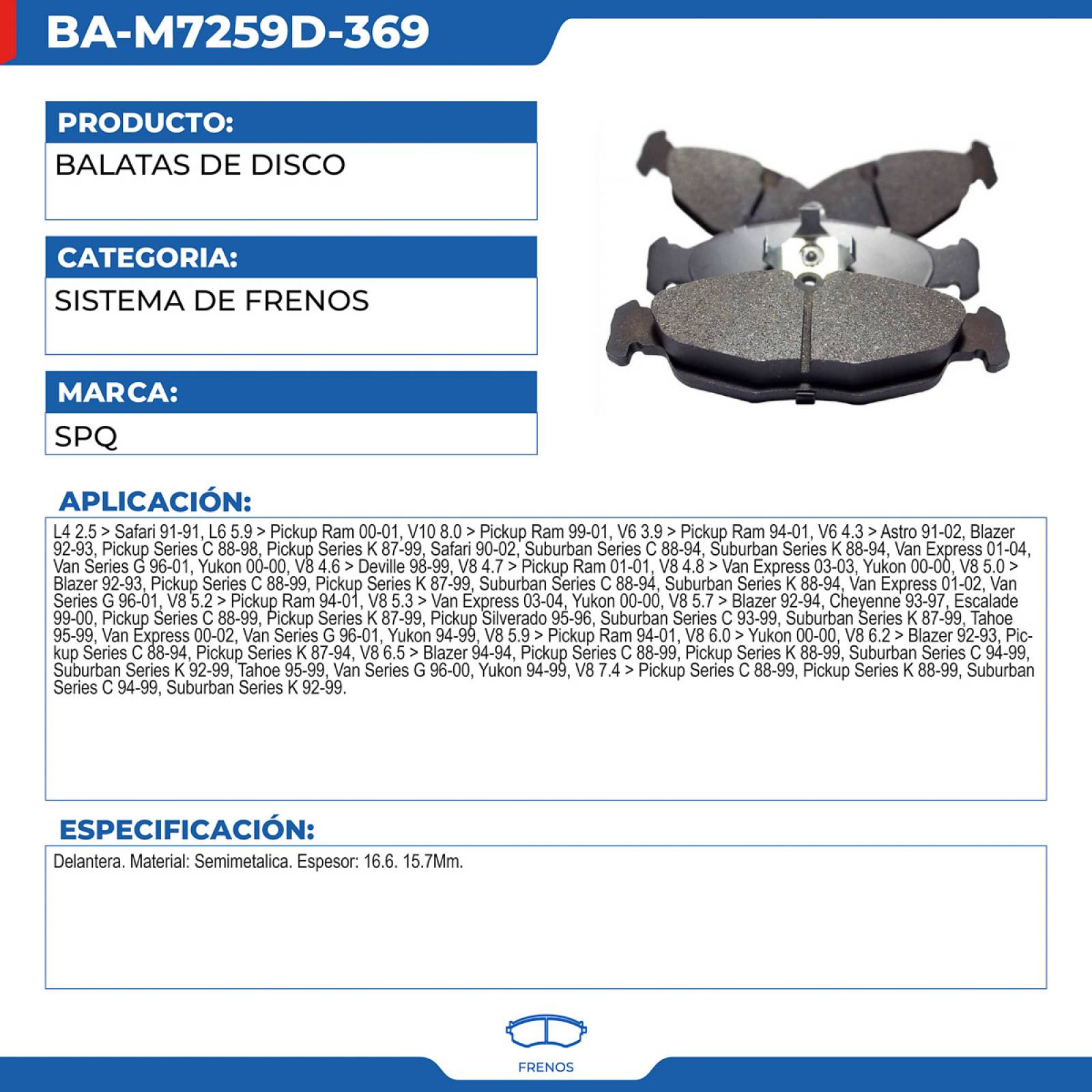 Balatas De Disco, SPQ; Para Cadillac Deville 1998-1999 V8; 4.6