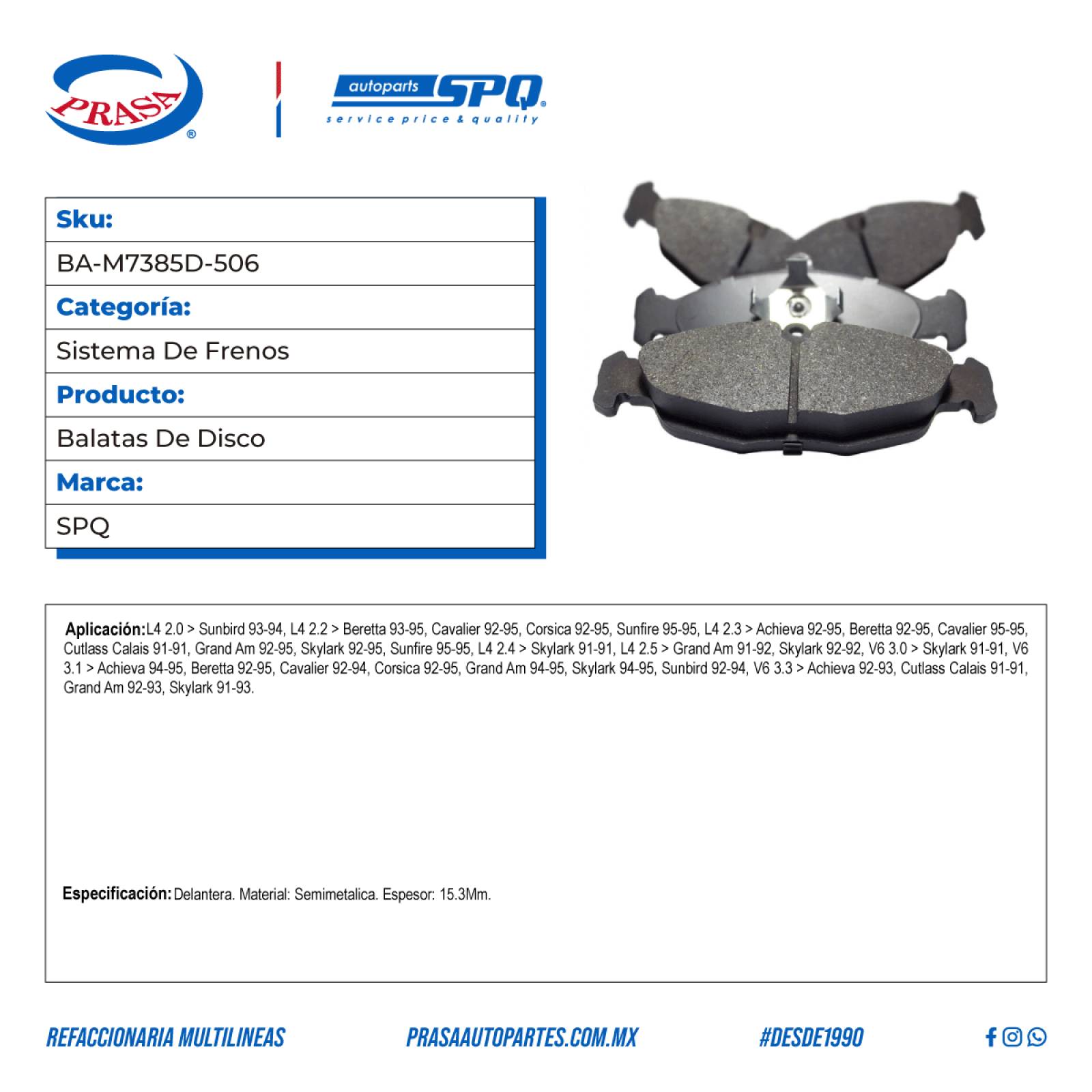 Balatas De Disco, SPQ; Para Buick Skylark 1992-1995 L4; 2.3