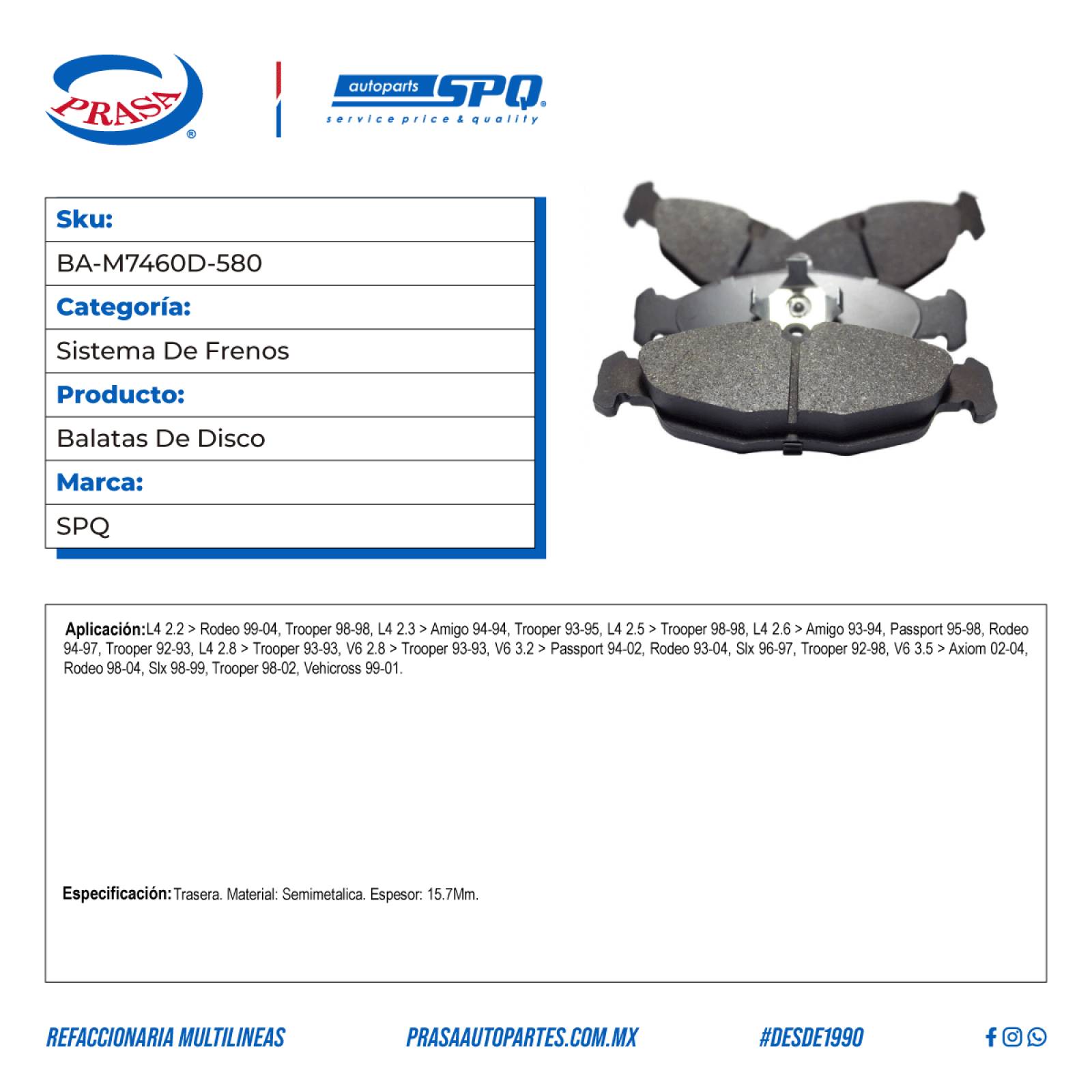 Balatas De Disco, SPQ; Para Acura Slx 1996-1997 V6; 3.2