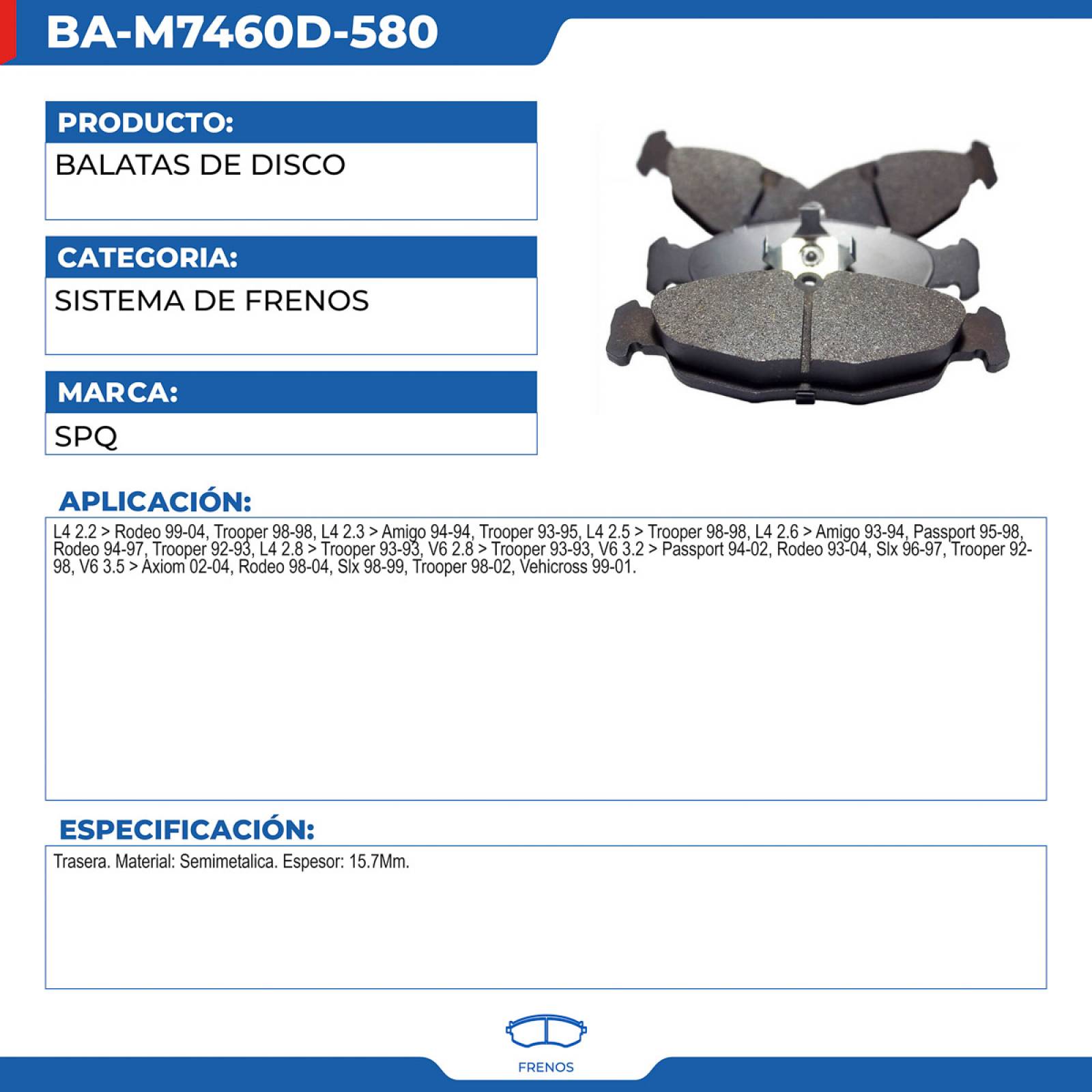 Balatas De Disco, SPQ; Para Acura Slx 1996-1997 V6; 3.2
