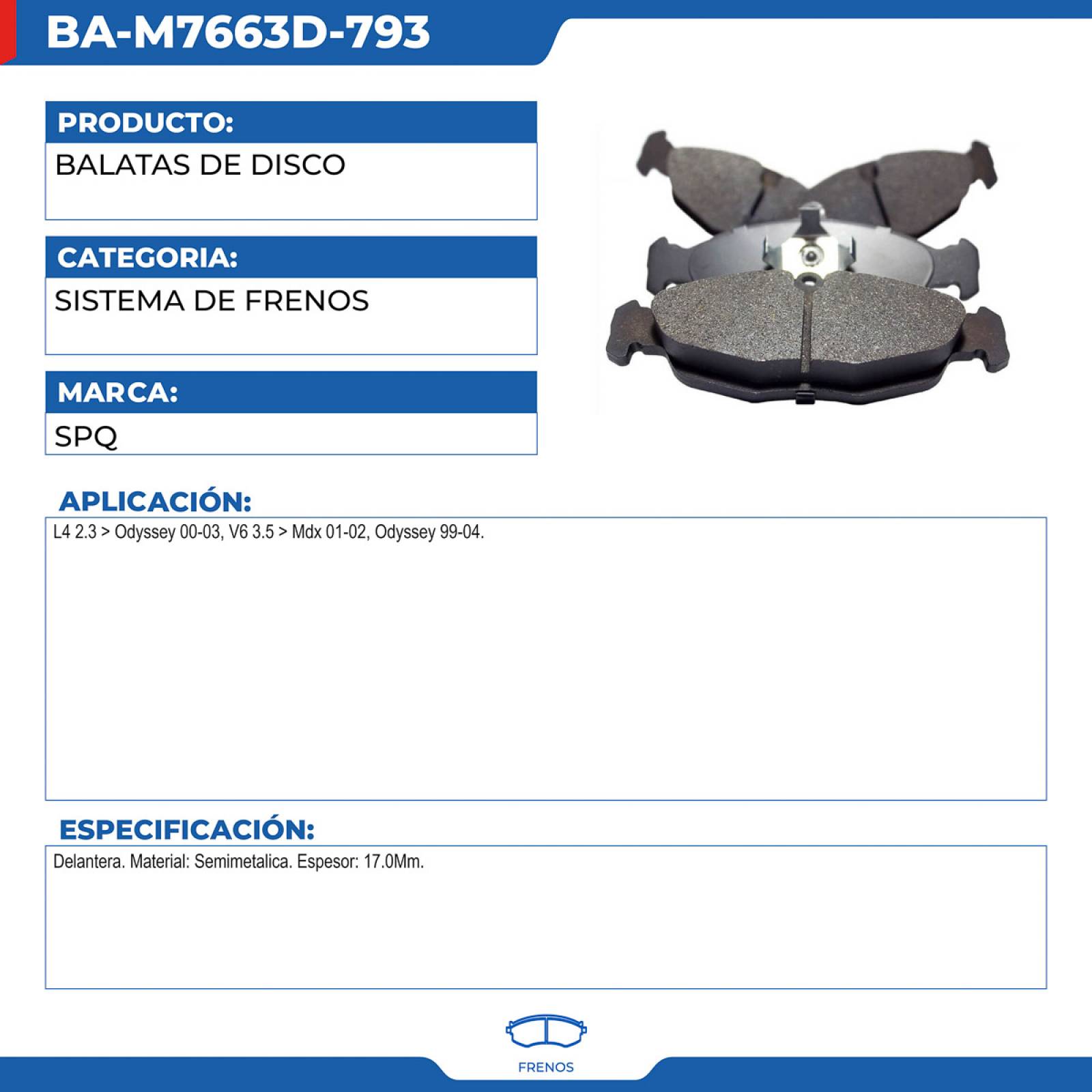 Balatas De Disco, SPQ; Para Acura Mdx 2001-2002 V6; 3.5
