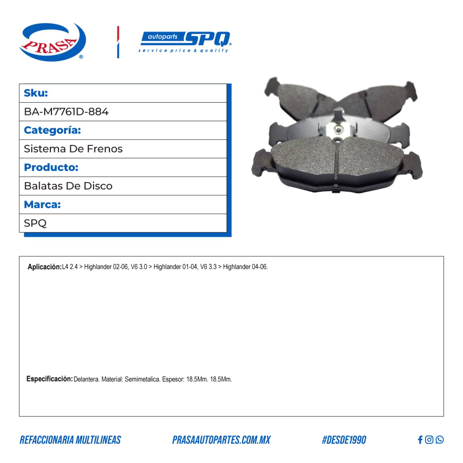 Balatas De Disco, SPQ; Para Toyota Highlander 2002-2006 L4; 2.4