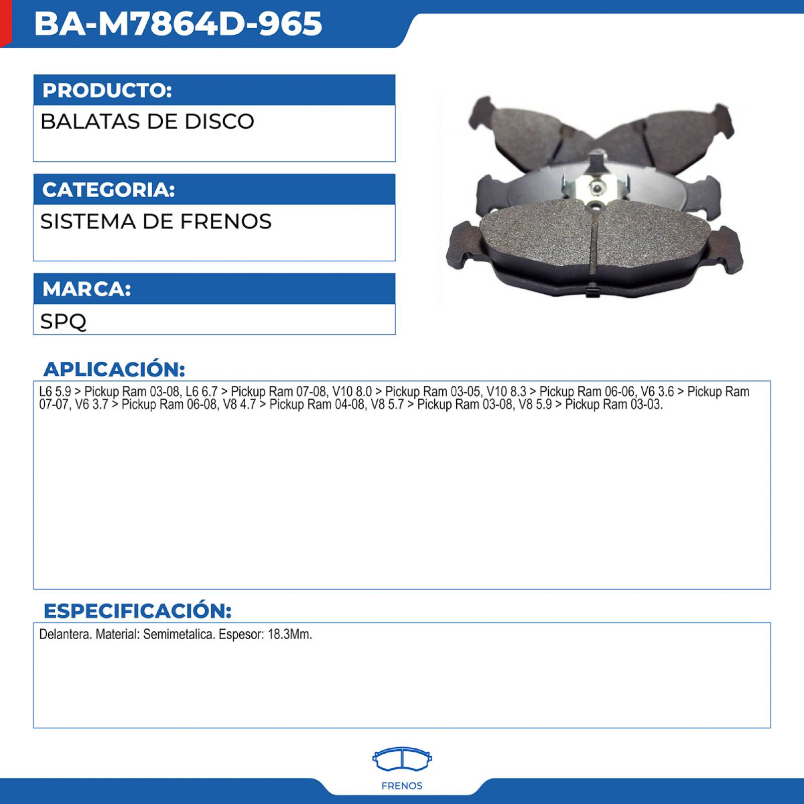 Balatas De Disco, SPQ; Para Dodge Ram 1500 2006-2006 V10; 8.3