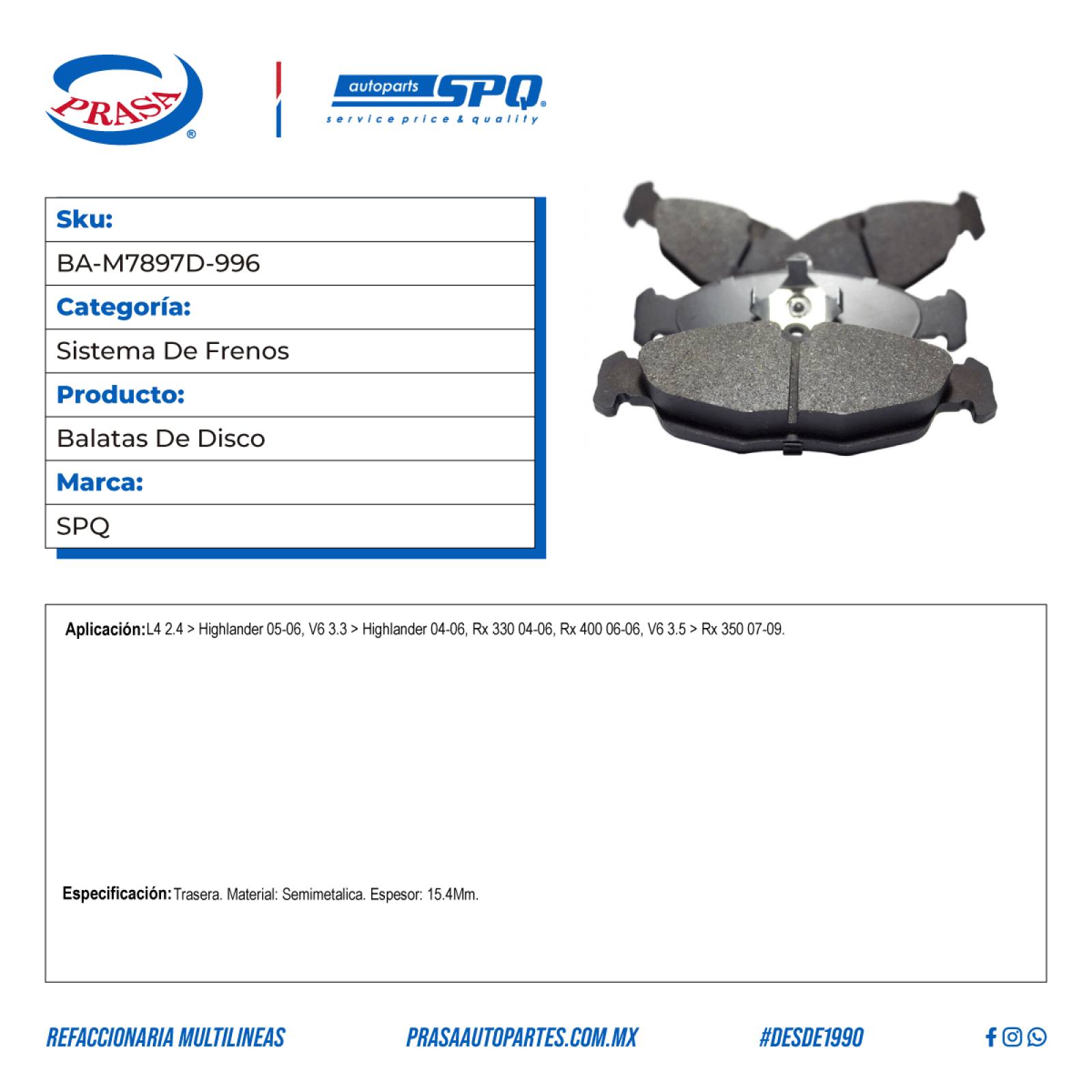 Balatas De Disco, SPQ; Para Lexus Rx 330 2004-2006 V6; 3.3