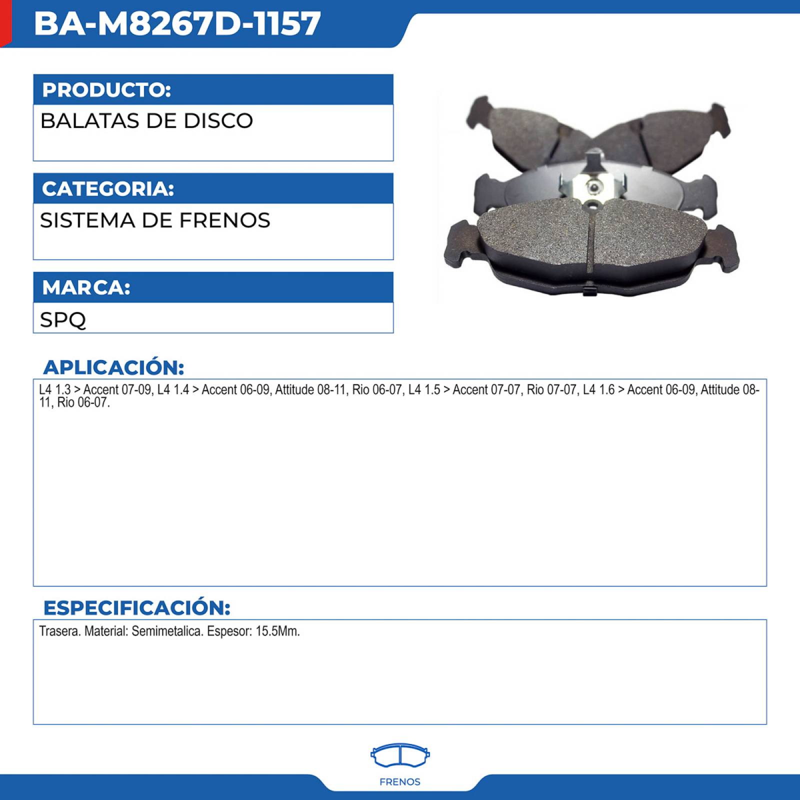 Balatas De Disco, SPQ; Para Dodge Attitude 2008-2011 L4; 1.4