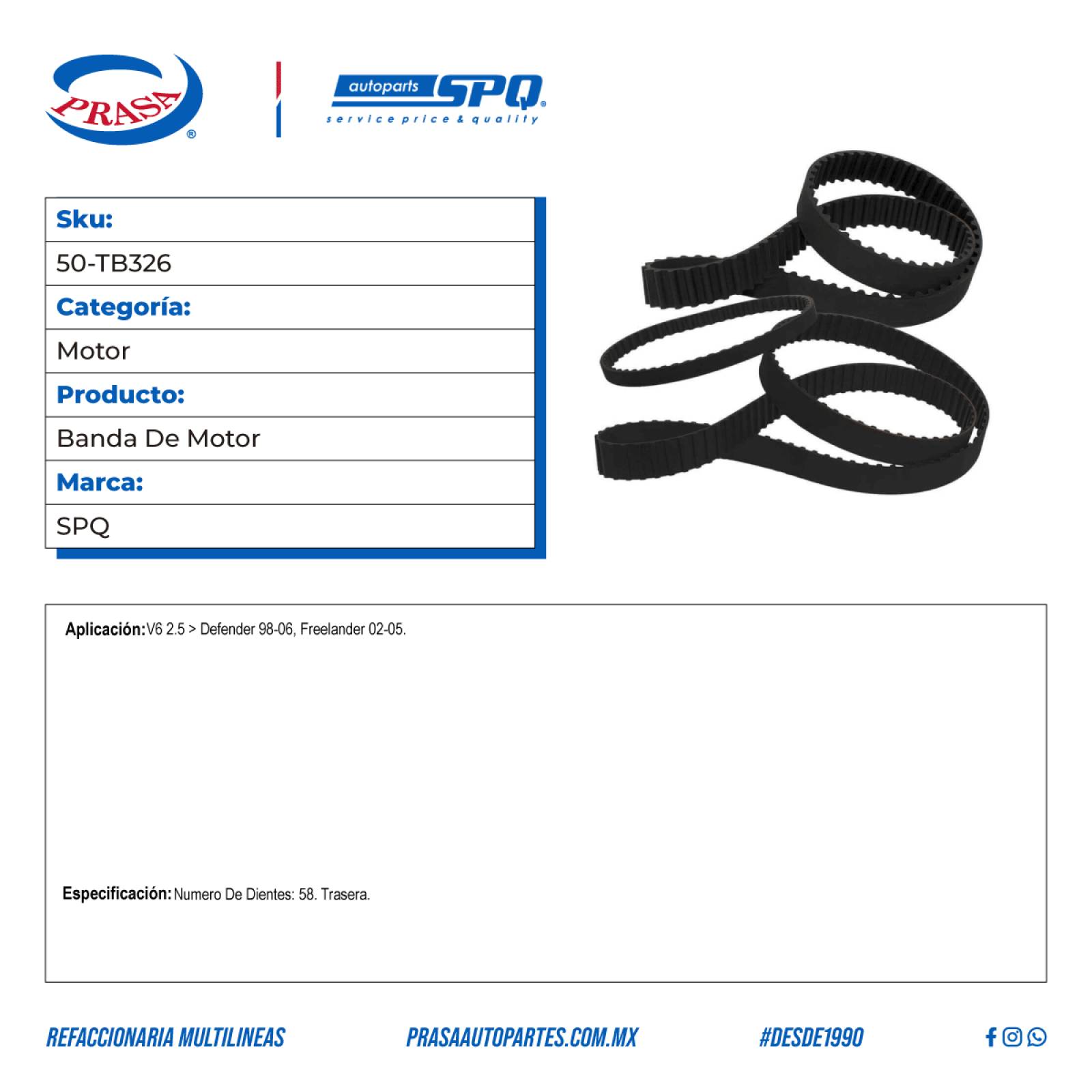 Banda De Motor, SPQ; Para Land Rover Defender 1998-2006 V6; 2.5