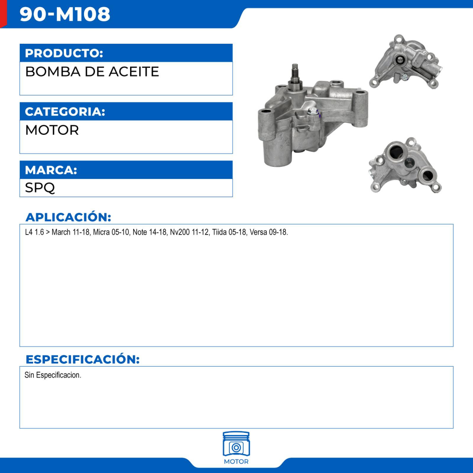 Bomba De Aceite, SPQ; Para Nissan March 2011-2018 L4; 1.6