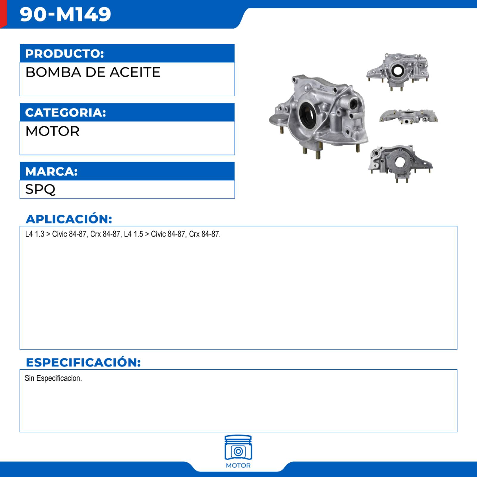 Bomba De Aceite, SPQ; Para Honda Civic 1984-1987 L4; 1.3