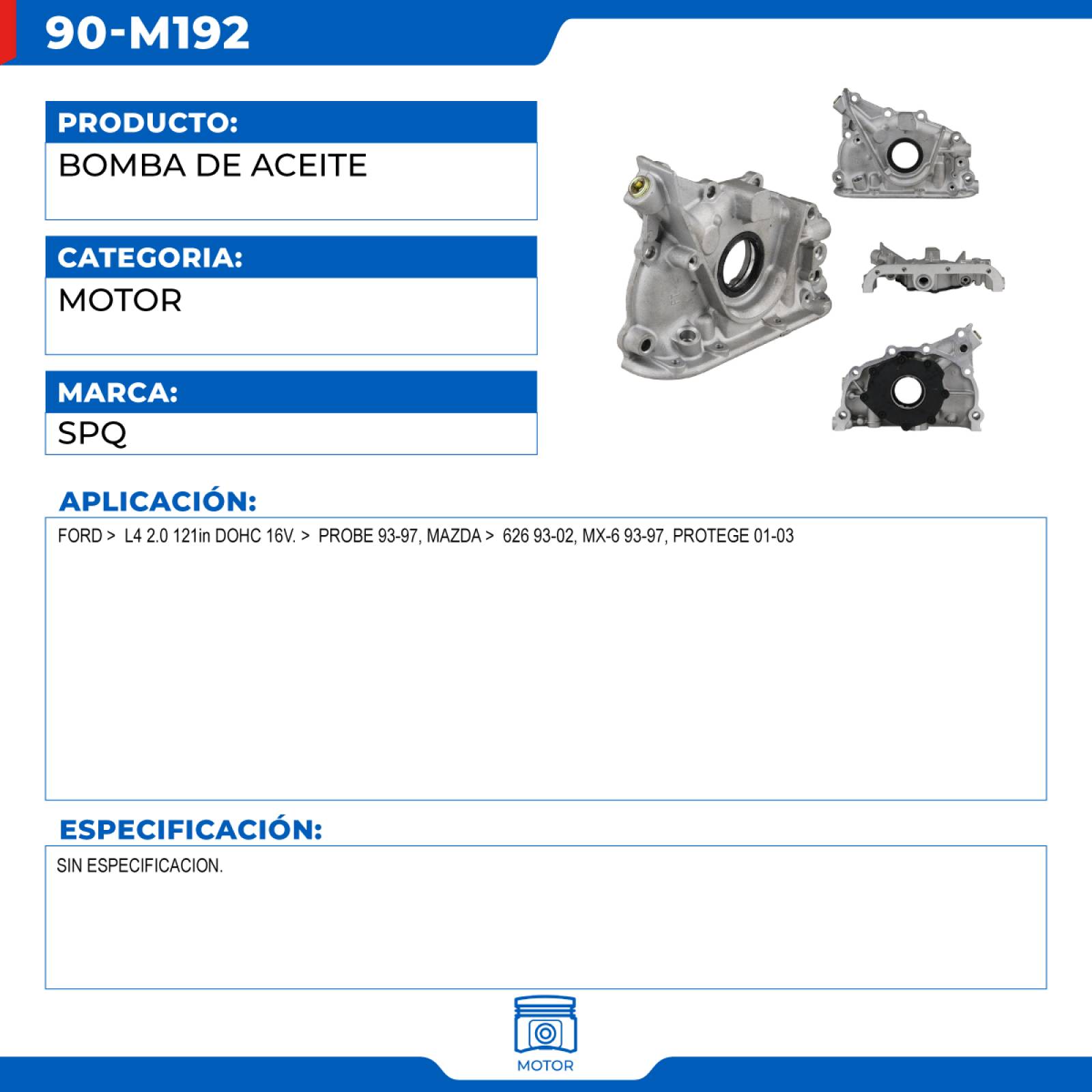 Bomba De Aceite, SPQ; Para Ford Probe 1993-1997 L4; 2