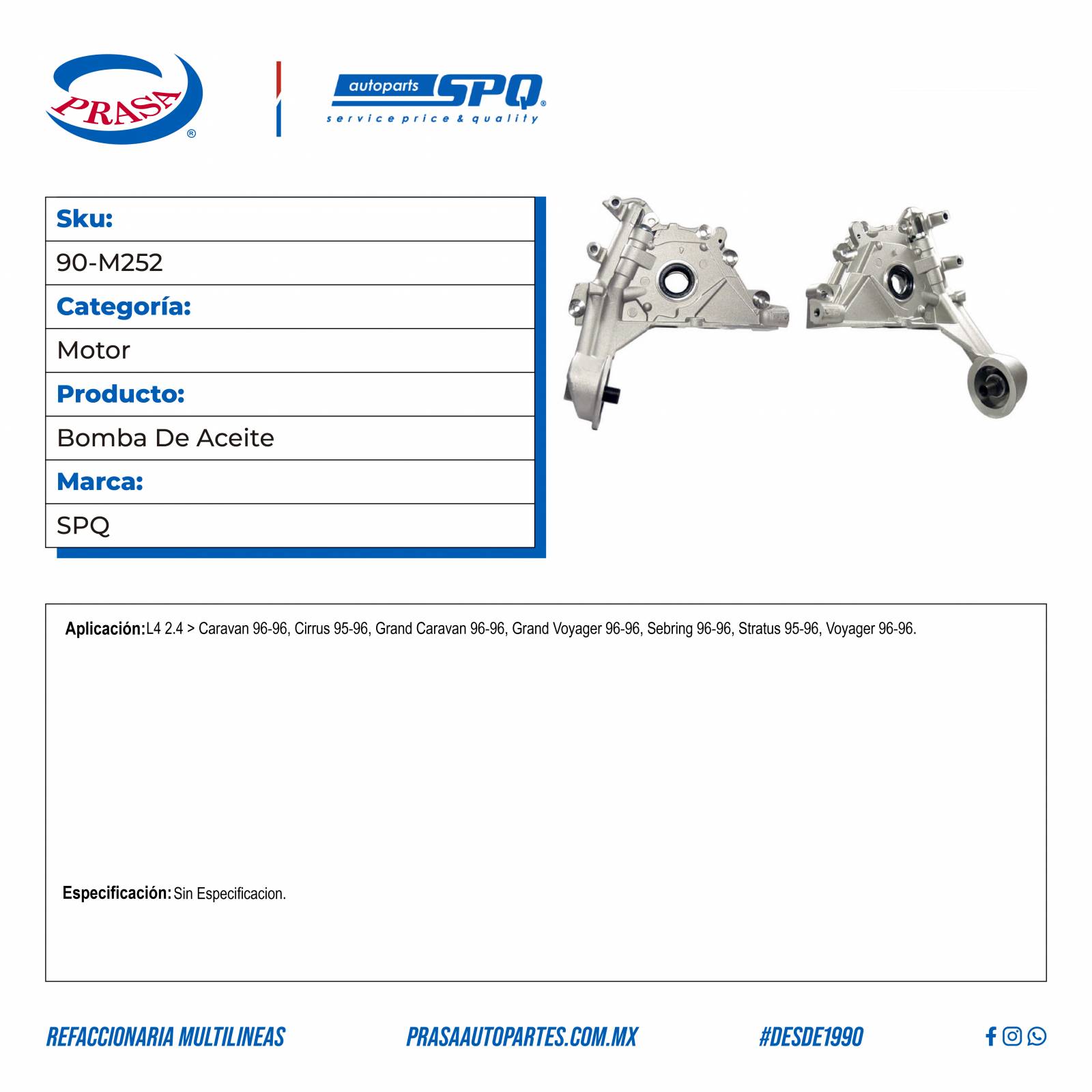 Bomba De Aceite, SPQ; Para Chrysler Cirrus 1995-1996 L4; 2.4