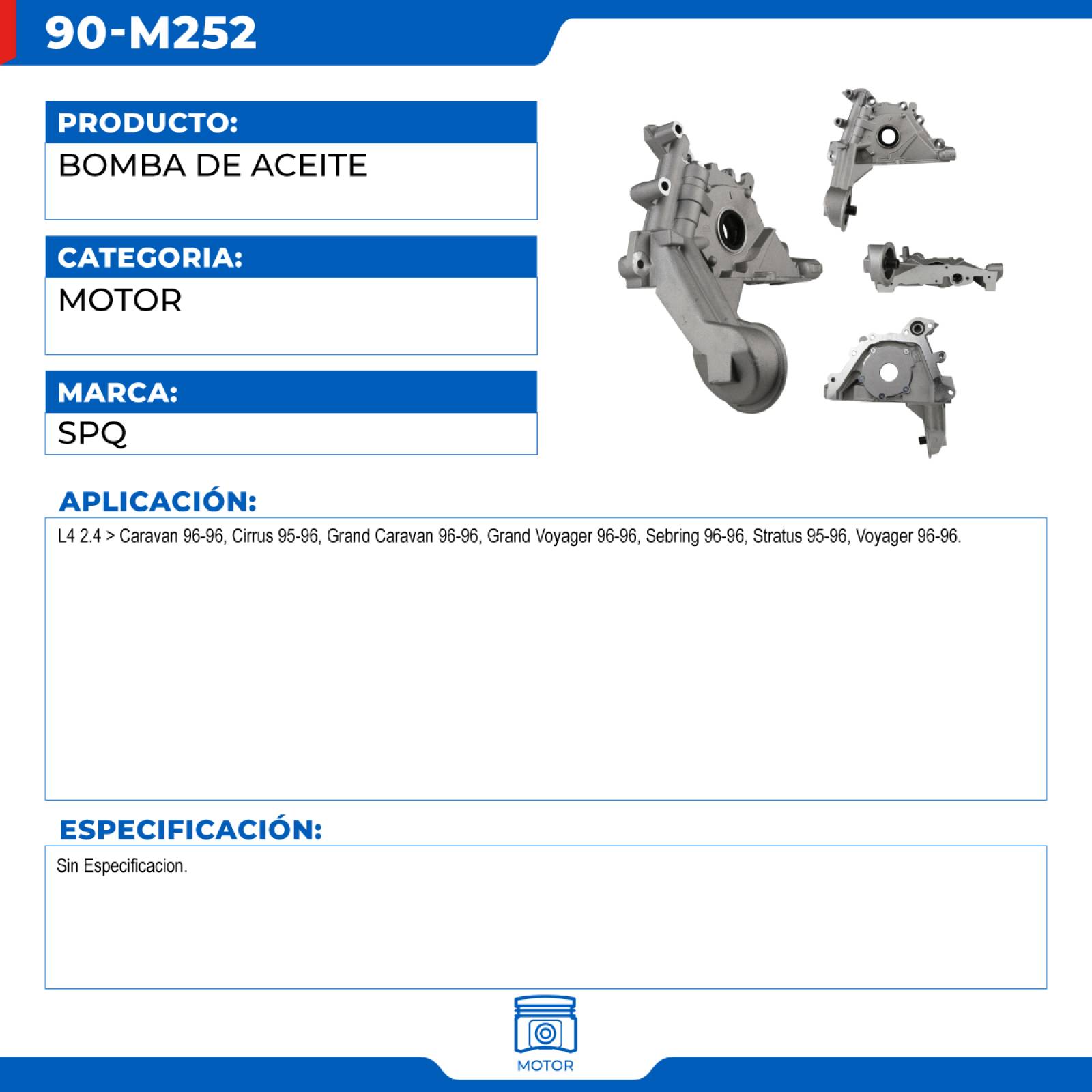Bomba De Aceite, SPQ; Para Chrysler Cirrus 1995-1996 L4; 2.4