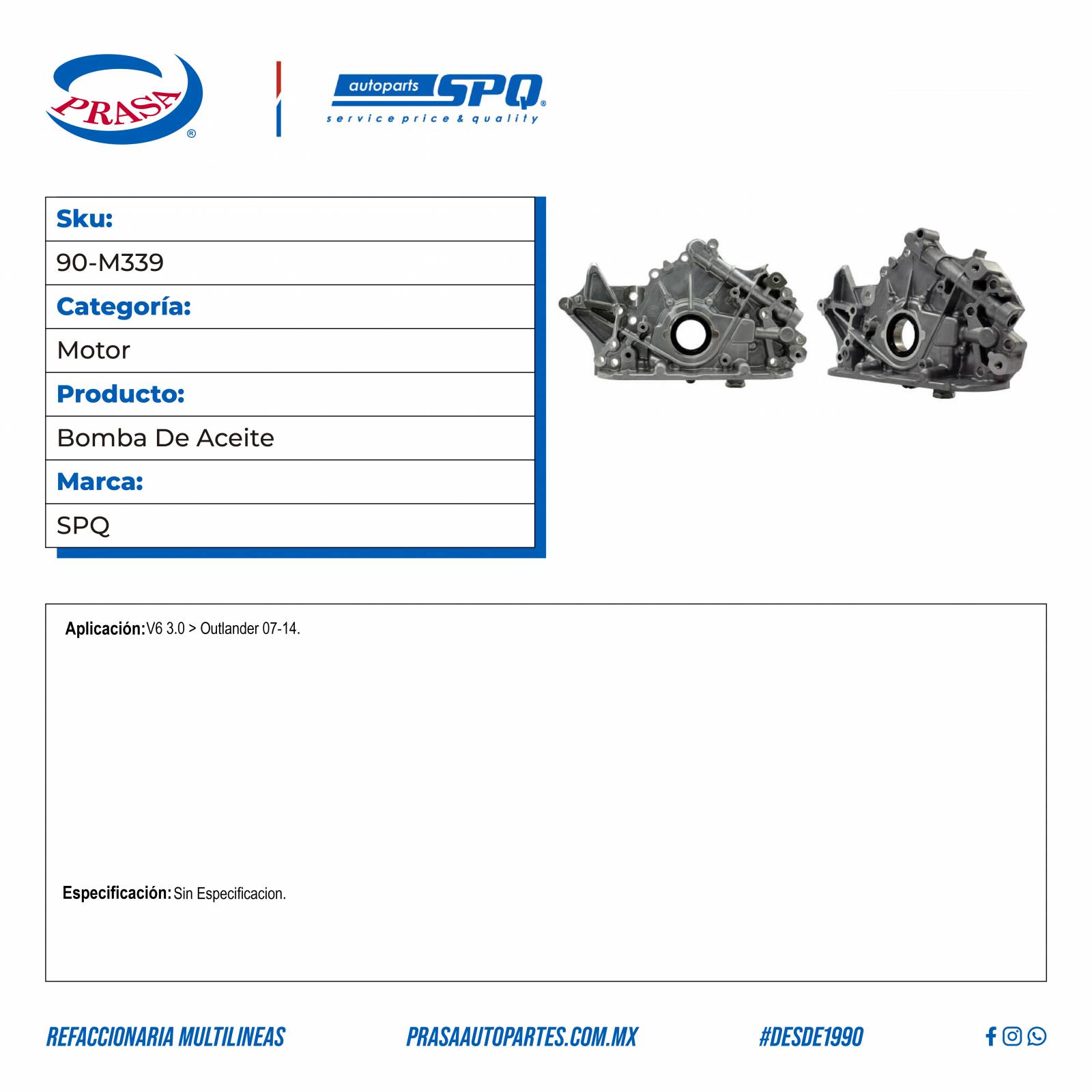 Bomba De Aceite, SPQ; Para Mitsubishi Outlander 2007-2014 V6; 3