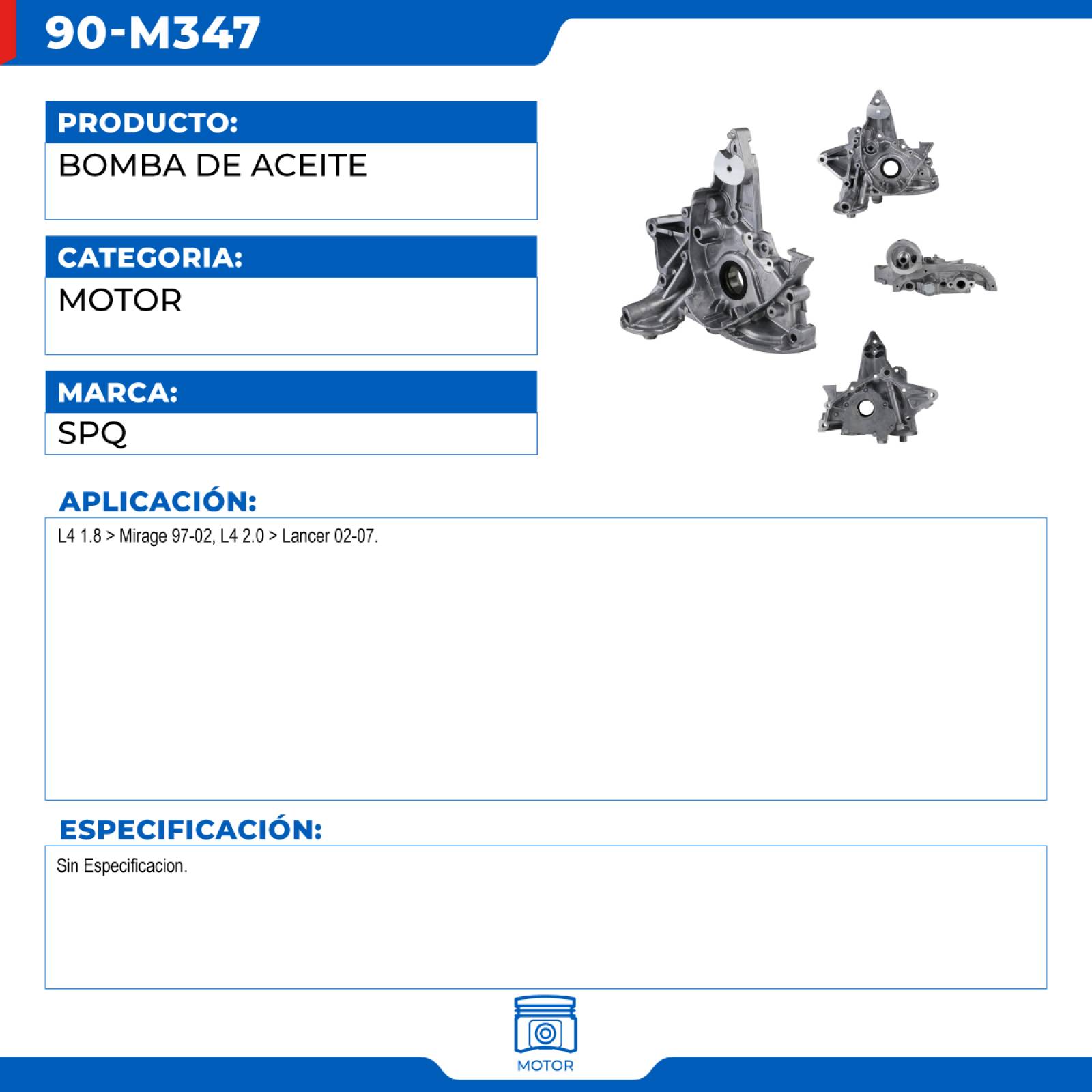 Bomba De Aceite, SPQ; Para Mitsubishi Lancer 2002-2007 L4; 2