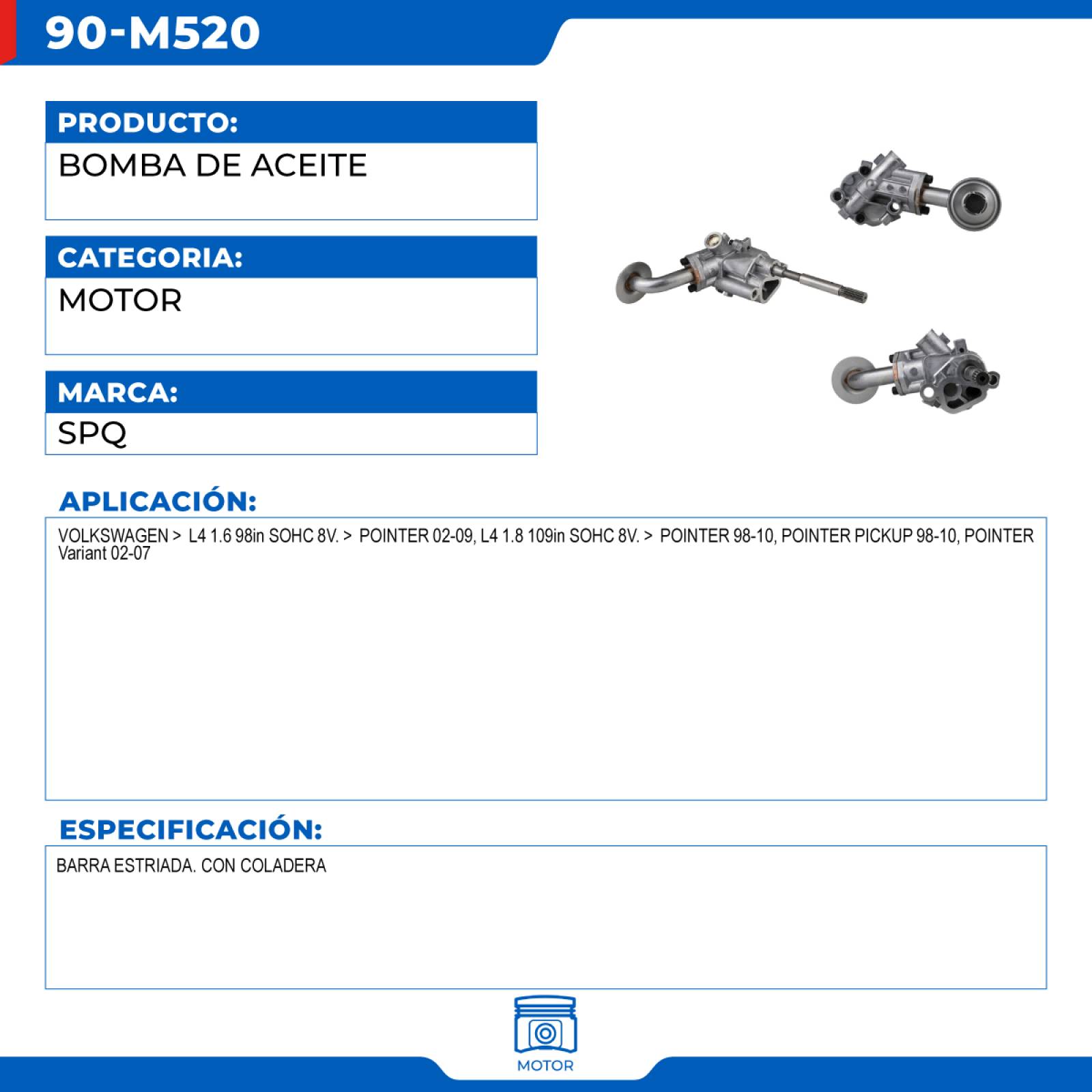 Bomba De Aceite, SPQ; Para Volkswagen Pointer 2002-2009 L4; 1.6