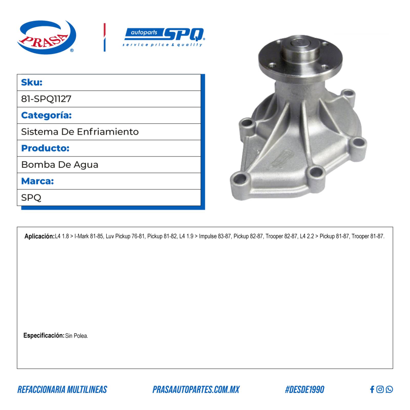 Bomba De Agua, SPQ; Para Chevrolet Luv Pickup 1976-1981 L4; 1.8