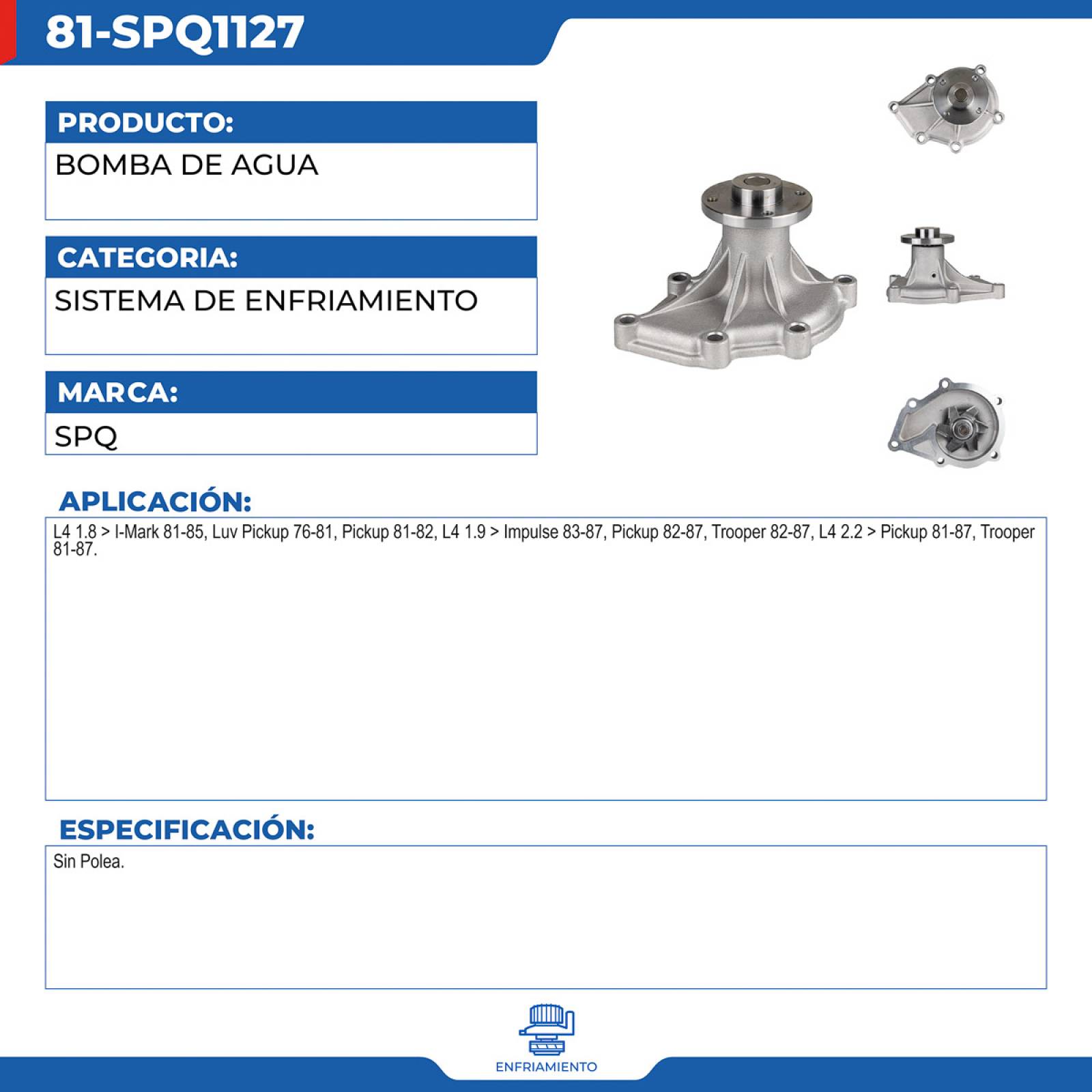 Bomba De Agua, SPQ; Para Chevrolet Luv Pickup 1976-1981 L4; 1.8