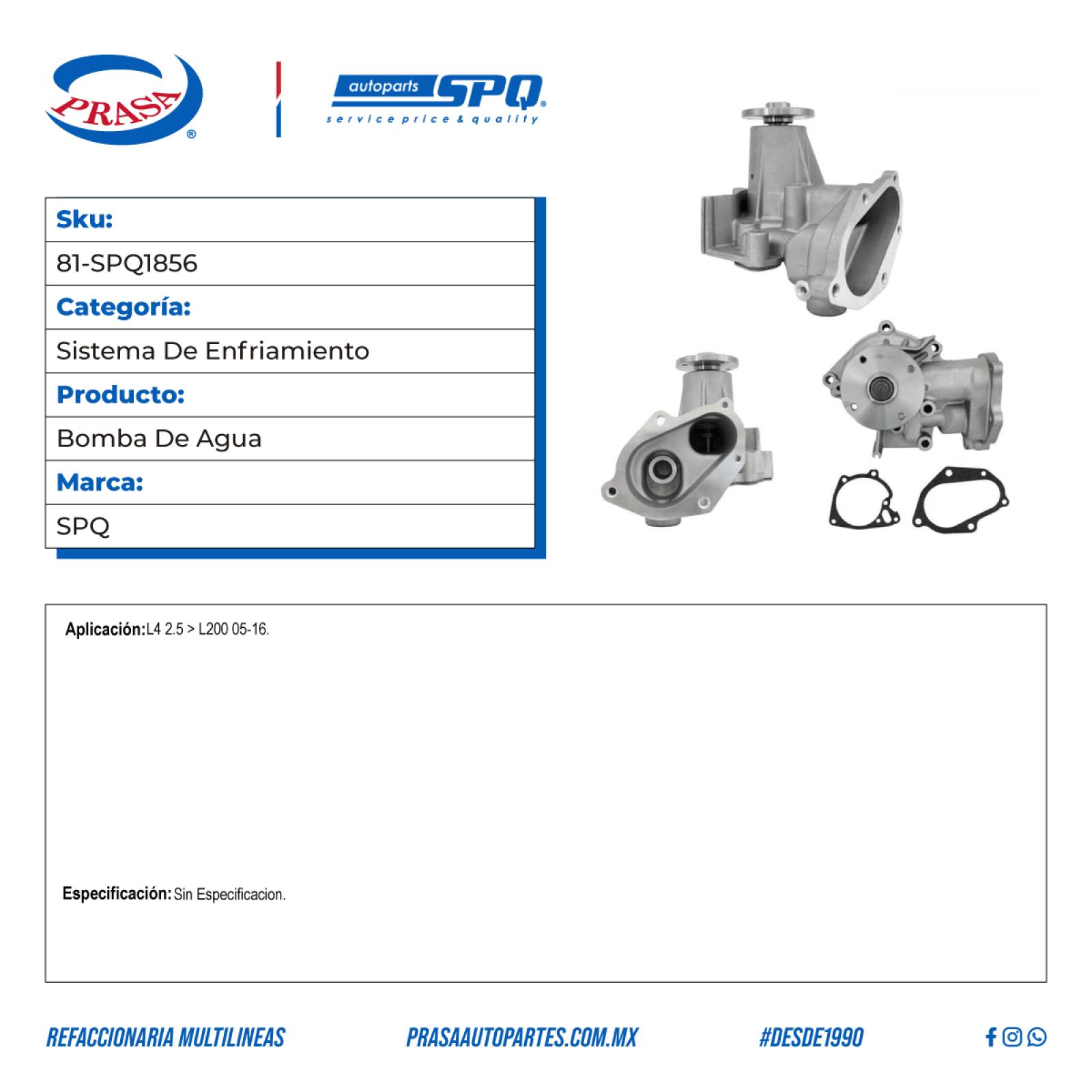 Bomba De Agua, SPQ; Para Mitsubishi L200 2005-2016 L4; 2.5
