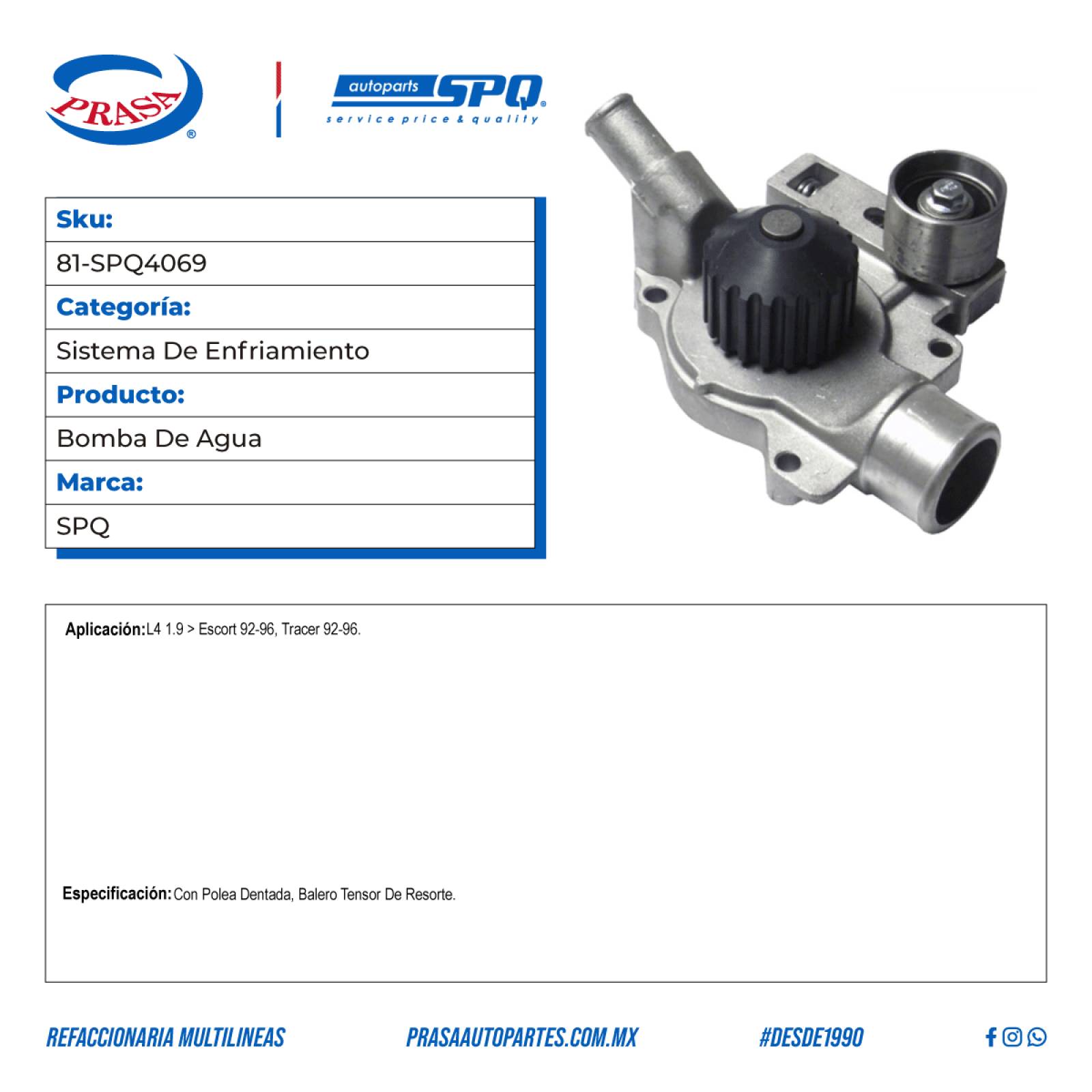 Bomba De Agua, SPQ; Para Ford Escort 1992-1996 L4; 1.9