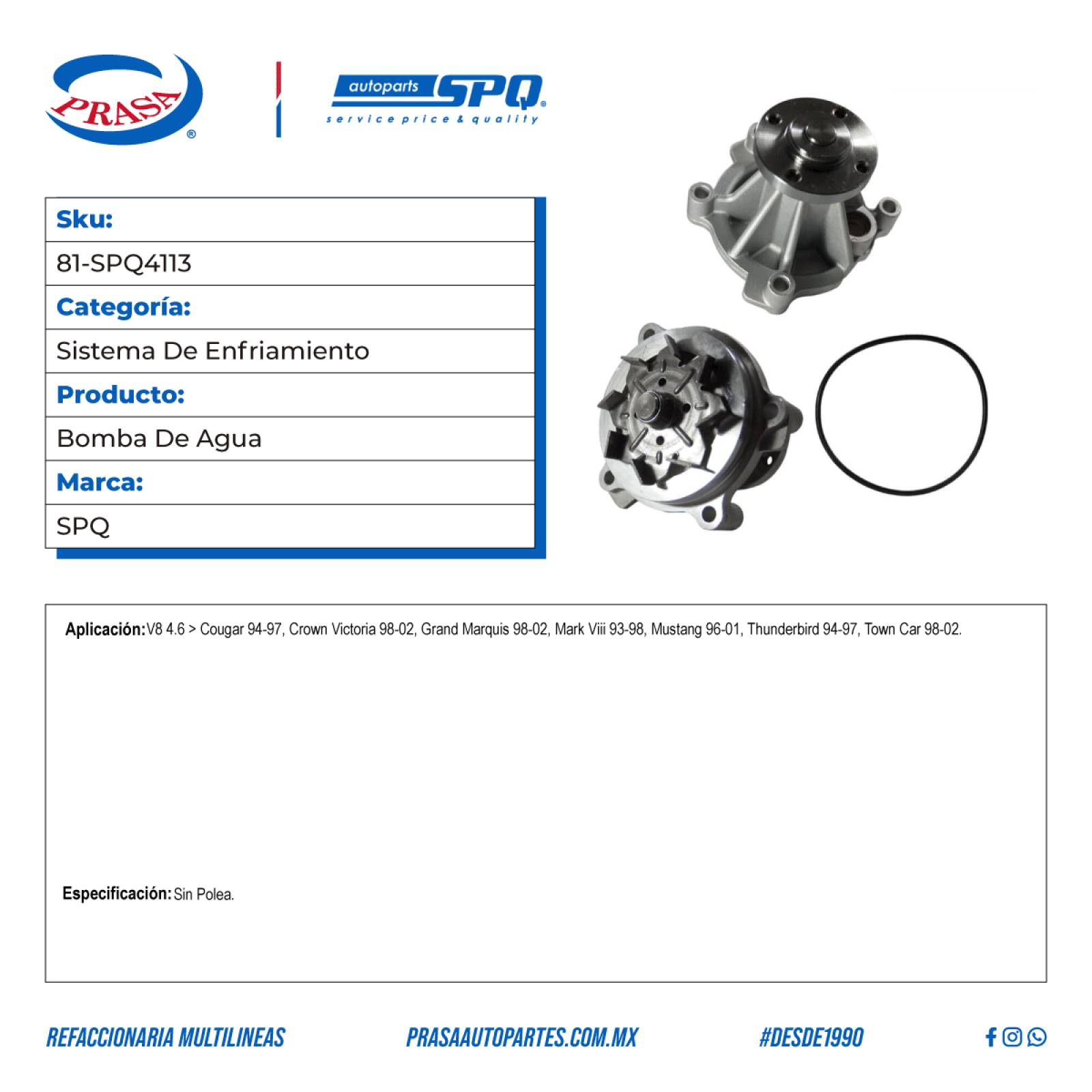 Bomba De Agua, SPQ; Para Ford Crown Victoria 1998-2002 V8; 4.6
