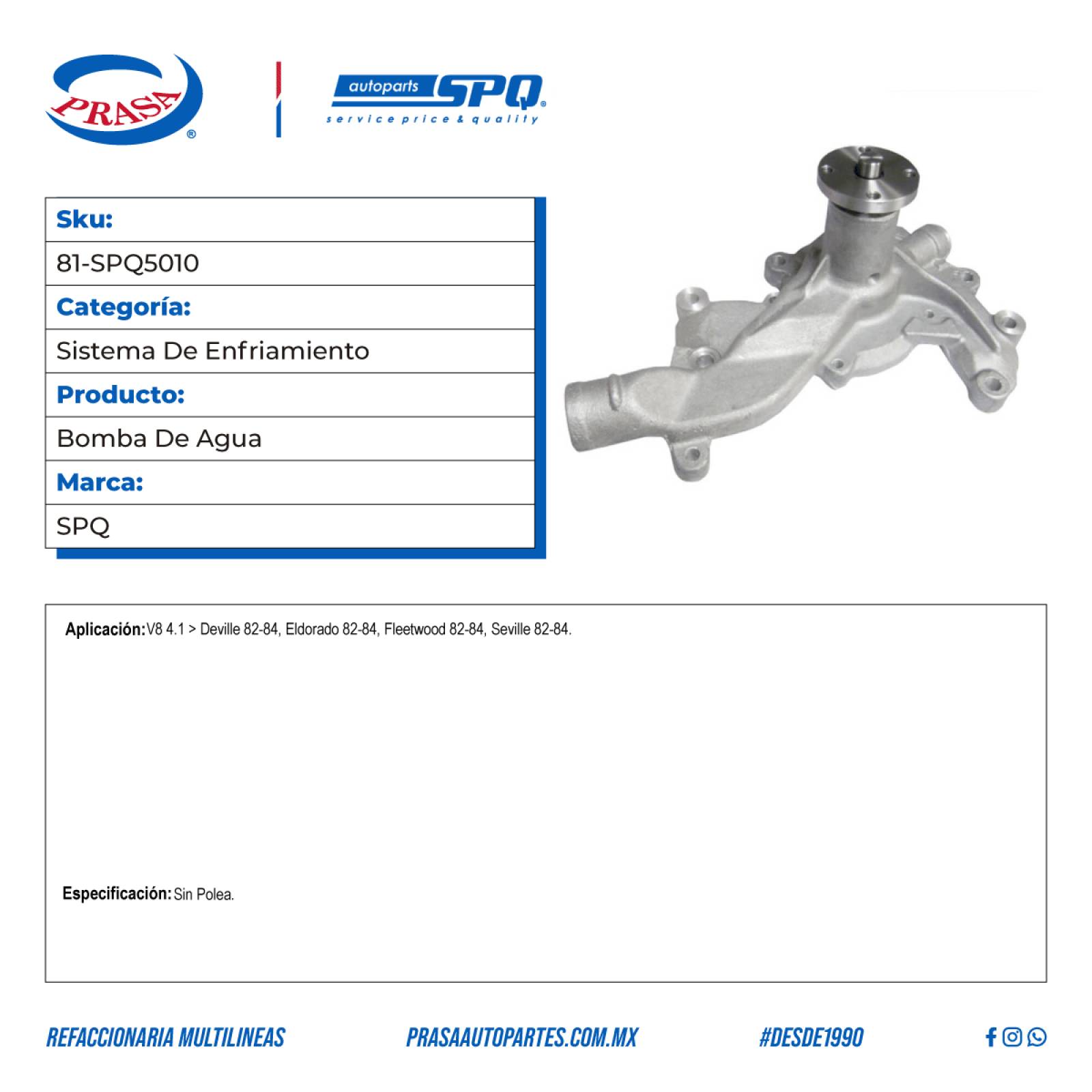 Bomba De Agua, SPQ; Para Cadillac Deville 1982-1984 V8; 4.1