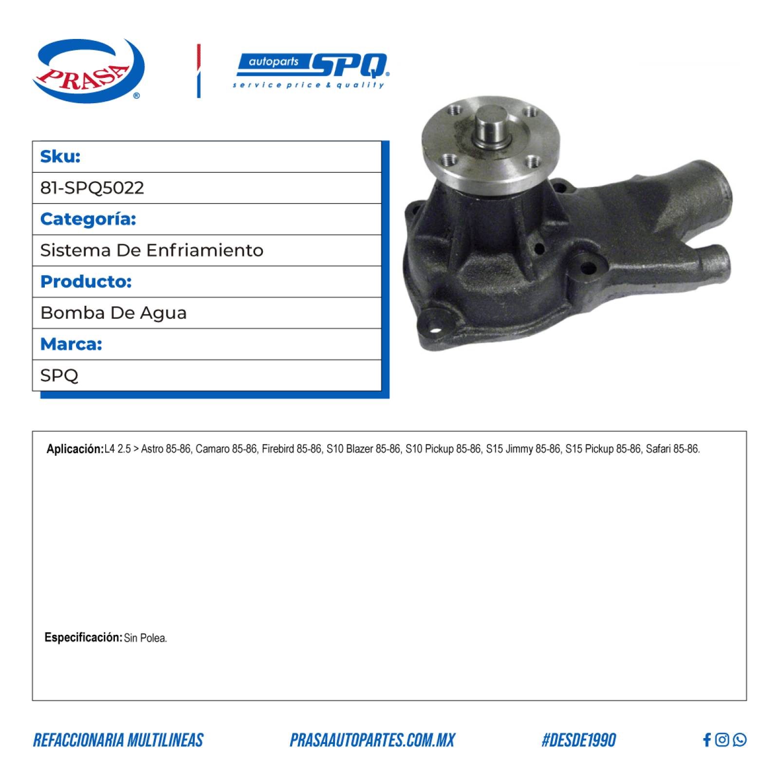 Bomba De Agua, SPQ; Para Chevrolet Astro 1985-1986 L4; 2.5