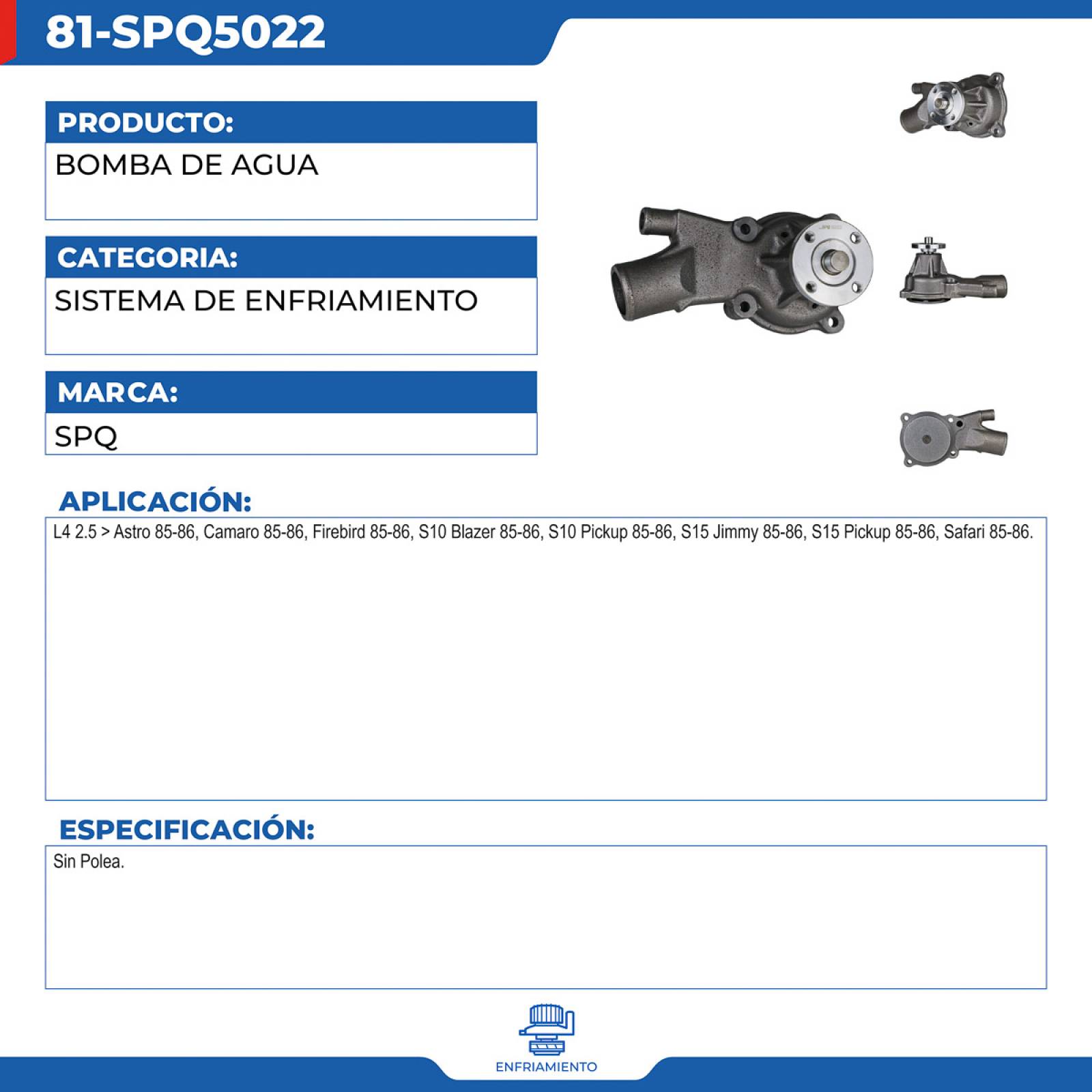 Bomba De Agua, SPQ; Para Chevrolet Astro 1985-1986 L4; 2.5